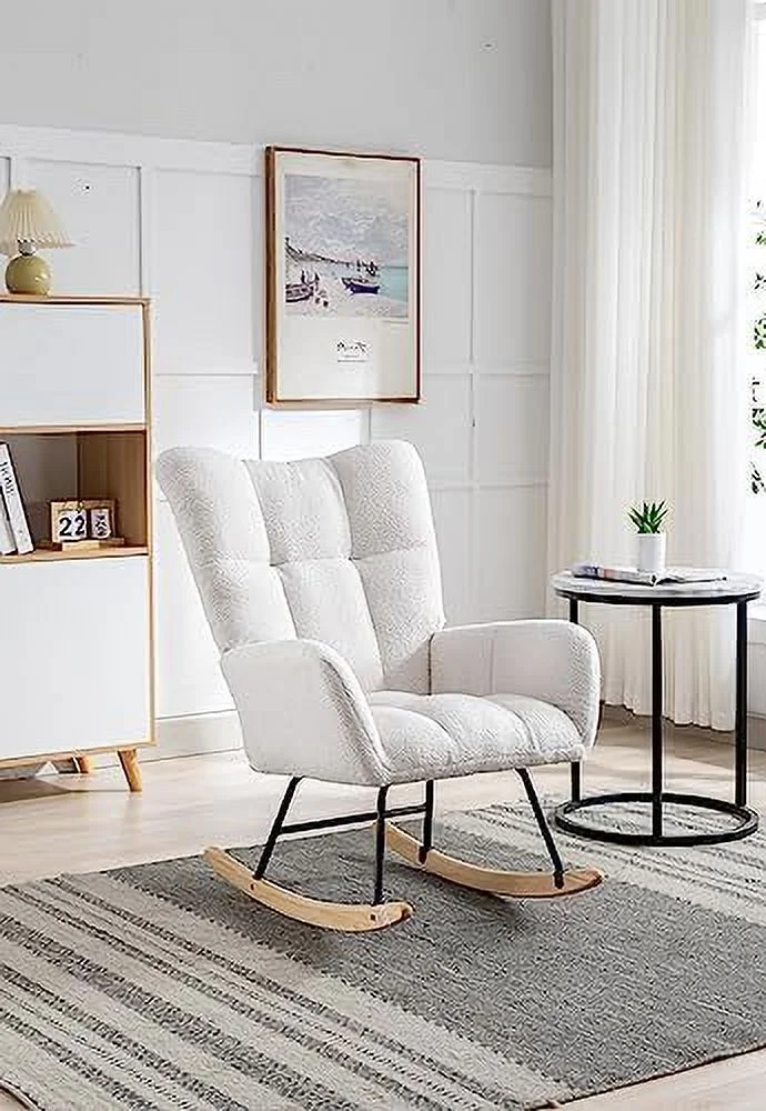 HYHBIBOOM Nursery Rocking Chair Teddy Upholstered Glider Rocker Rocking Accent Chair Padded Seat with High Backrest Armchair Comfy Side Chair for Living Room Bedroom Offices（Green）