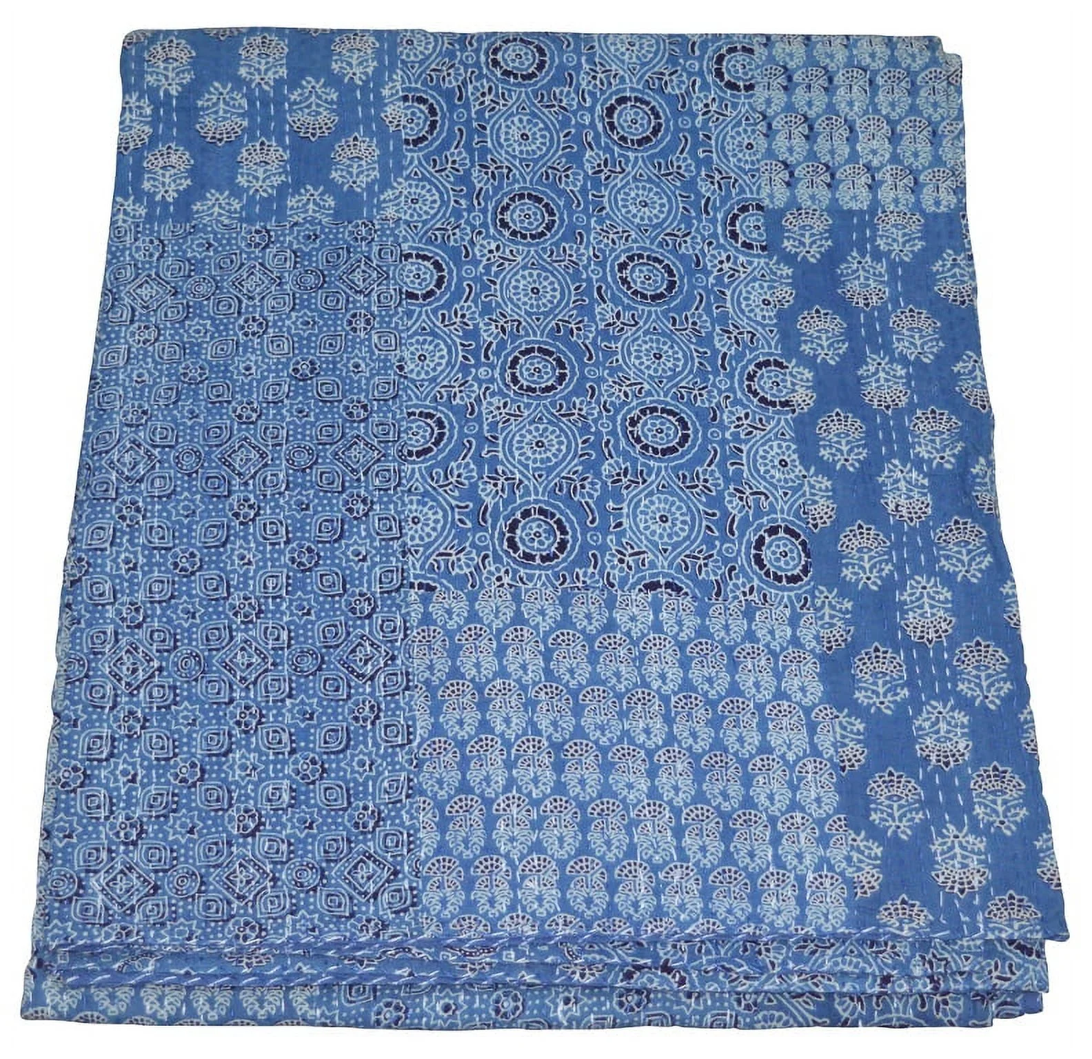 Indian Handmade Queen Cotton Kantha Quilt Throw Blanket Bedspread Patchwork Ajrakh Print Blue Color Hand Block Print Kantha Quilt