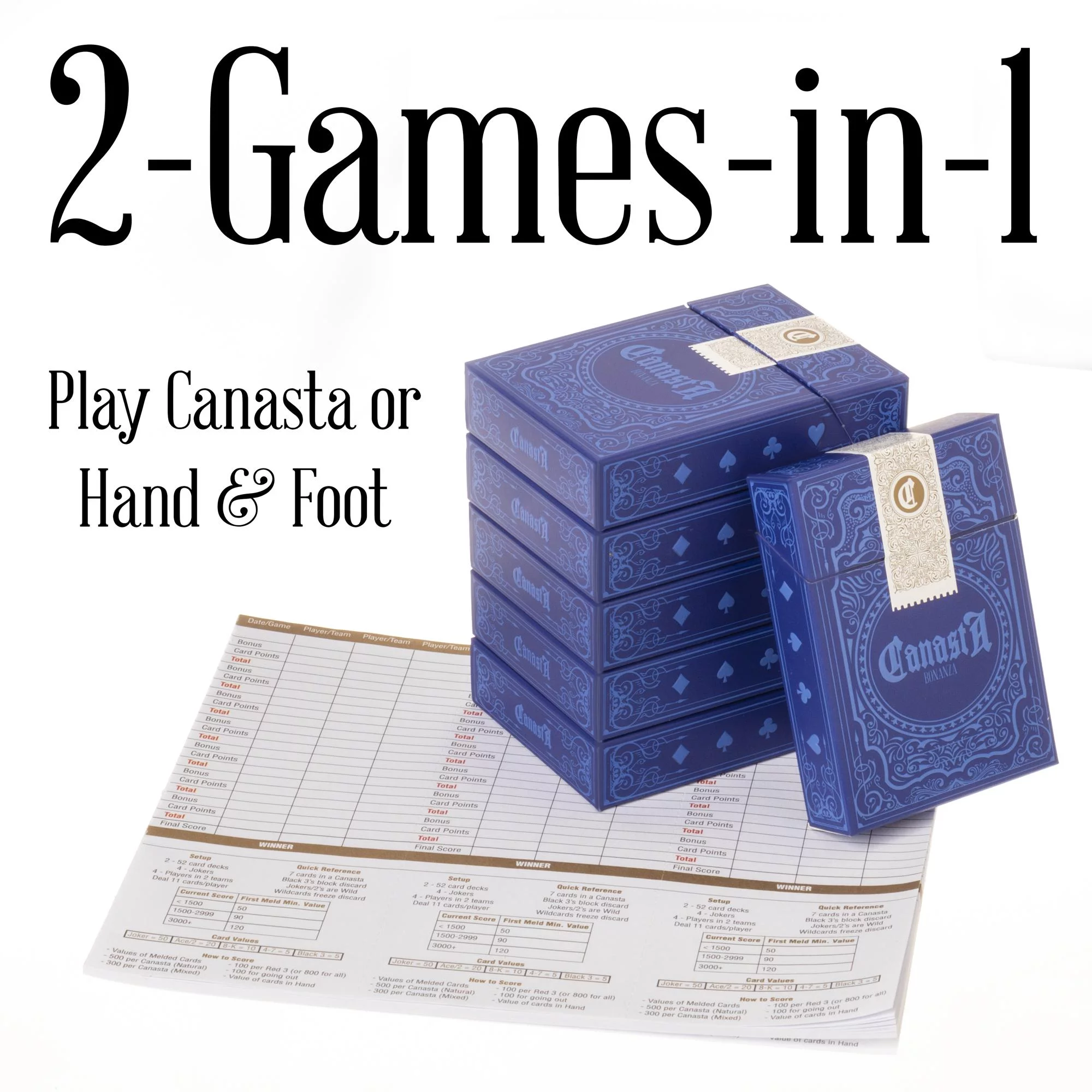 Canasta Bonanza and Hand & Foot Playing Card Set with Scorecards - 6 Premium Decks of Beginner Friendly Custom Canasta Cards with Point Values - Traditional Family Card Games