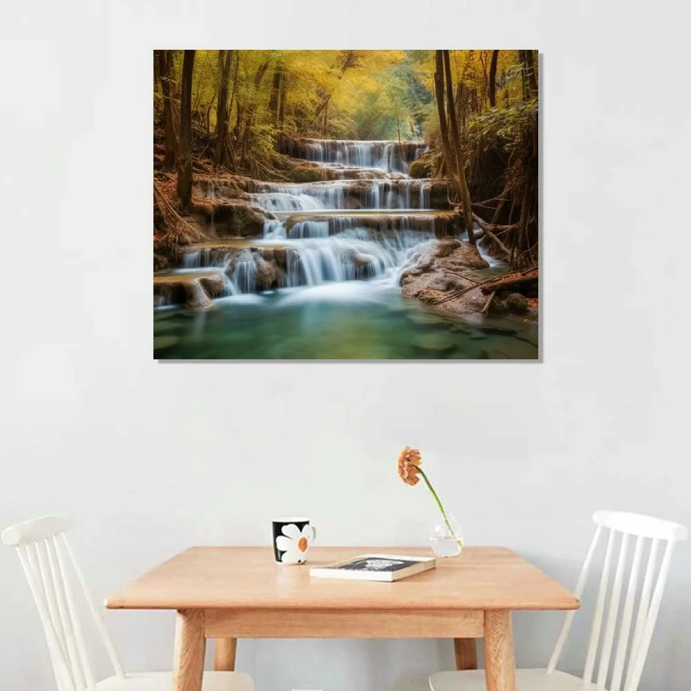 Fenyluxe Wall Art Decor Canvas Print Waterfall Landscape Painting Yellow Trees Forest Fall Falls Canvas Painting Modern Posters And Prints Wall Art Picture for Living Room Home Decor 20x16inch