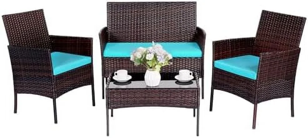 xrboomlife Patio  Set 4 Piece Garden Conversation Set  Outdoor Wicker Rattan Table and Chairs  Black Patio Set  Sectional Sofa with Thick Cushion for Garden  Yard  or Porch (Brown/Blue)