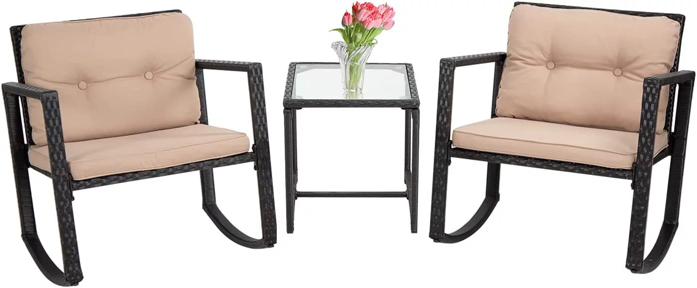 MINGFENG Patio Furniture Set 3 Piece Wicker Outdoor Rocking Chairs Front Porch Furniture Rattan Chair Bistro Set with Coffee Table and Cushions