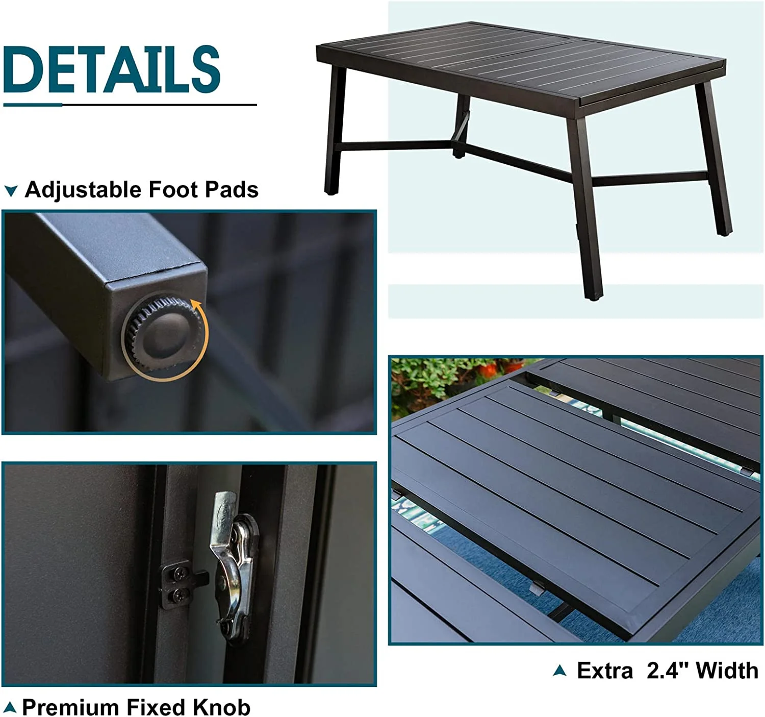 Patio Dining Set for 6  Rectangular Expandable Black Metal Table with 6 Padded Textilene Fabric Chairs  Outdoor Furniture Set for Garden  Poolside  Backyard  Porch