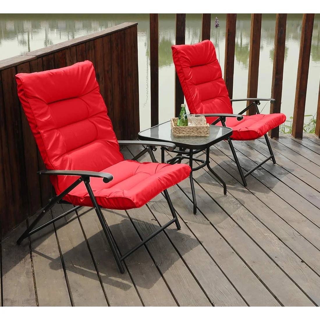 PHI Villa  Patio Padded Folding Conversation Chair 3-Piece Set Dark Beige