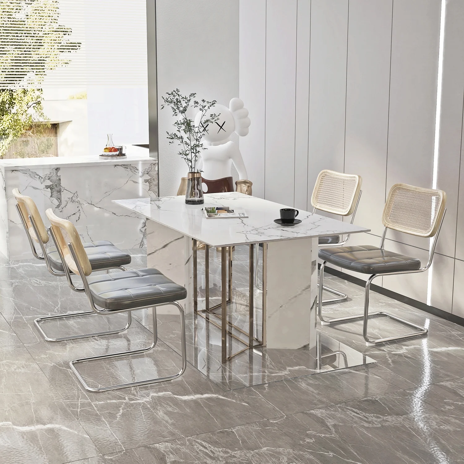 Set of 4  Leather Dining Chair with High-Density Sponge  Rattan Chair for Dining room  Living room  Bedroom  Gray