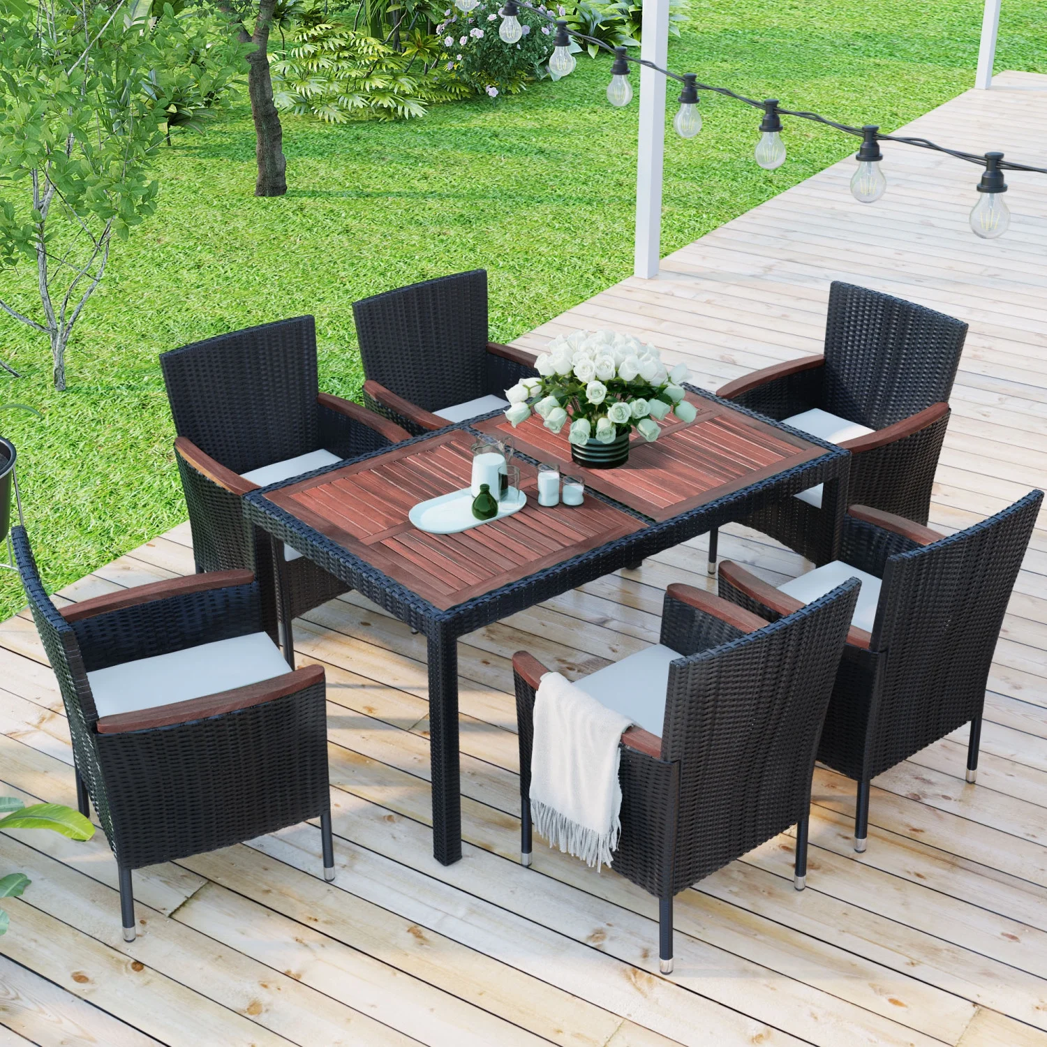7-Piece Reddish-Brown Outdoor Patio Dining Set with Stackable Armrest Chairs and Cushions  featuring Garden PE Rattan Wicker Dining Table and Chairs Set with Acacia Wood Tabletop