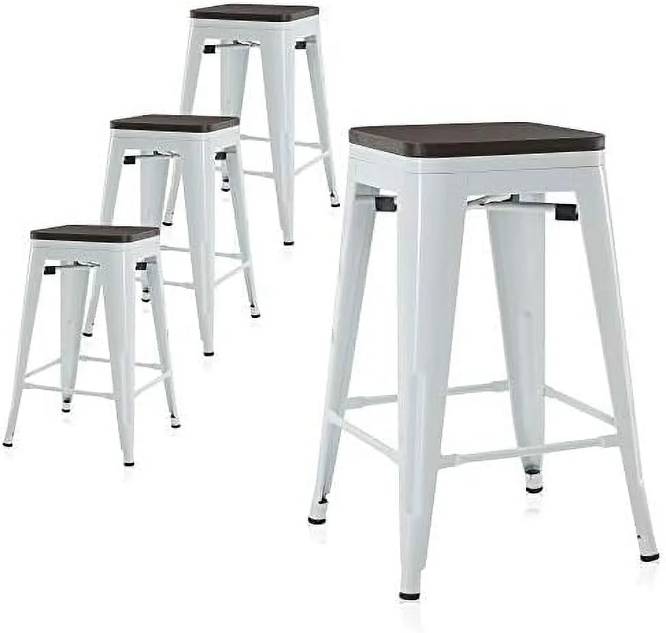 LNSETGC 24 Inch Modern Metal  Stools  Low Back Indoor Outdoor Restaurant Patio Kitchen Dining  Contemporary Farmhouse Vintage Industrial Steel Metal [Set of 4] - Alexander (Silver)
