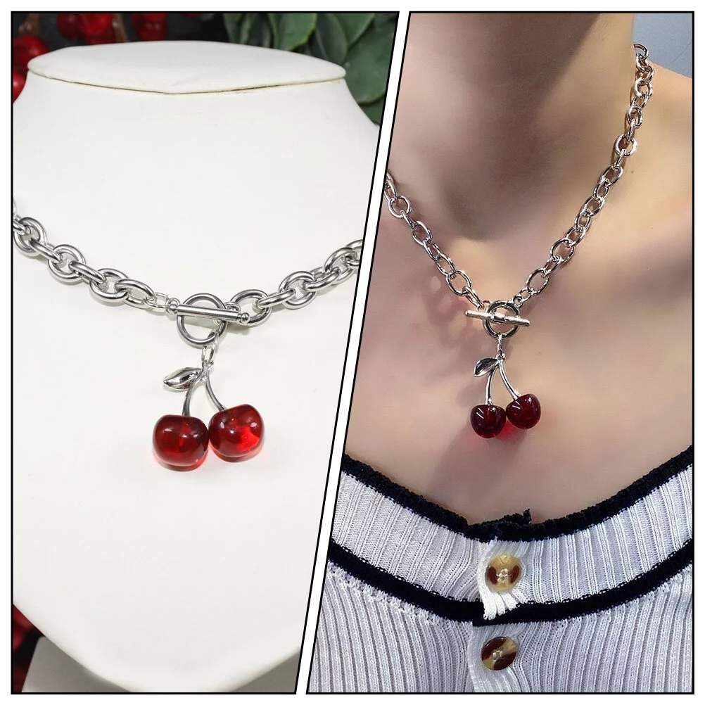 Qumonin Red Cherry Choker Necklace with Geometric Pendant for Women