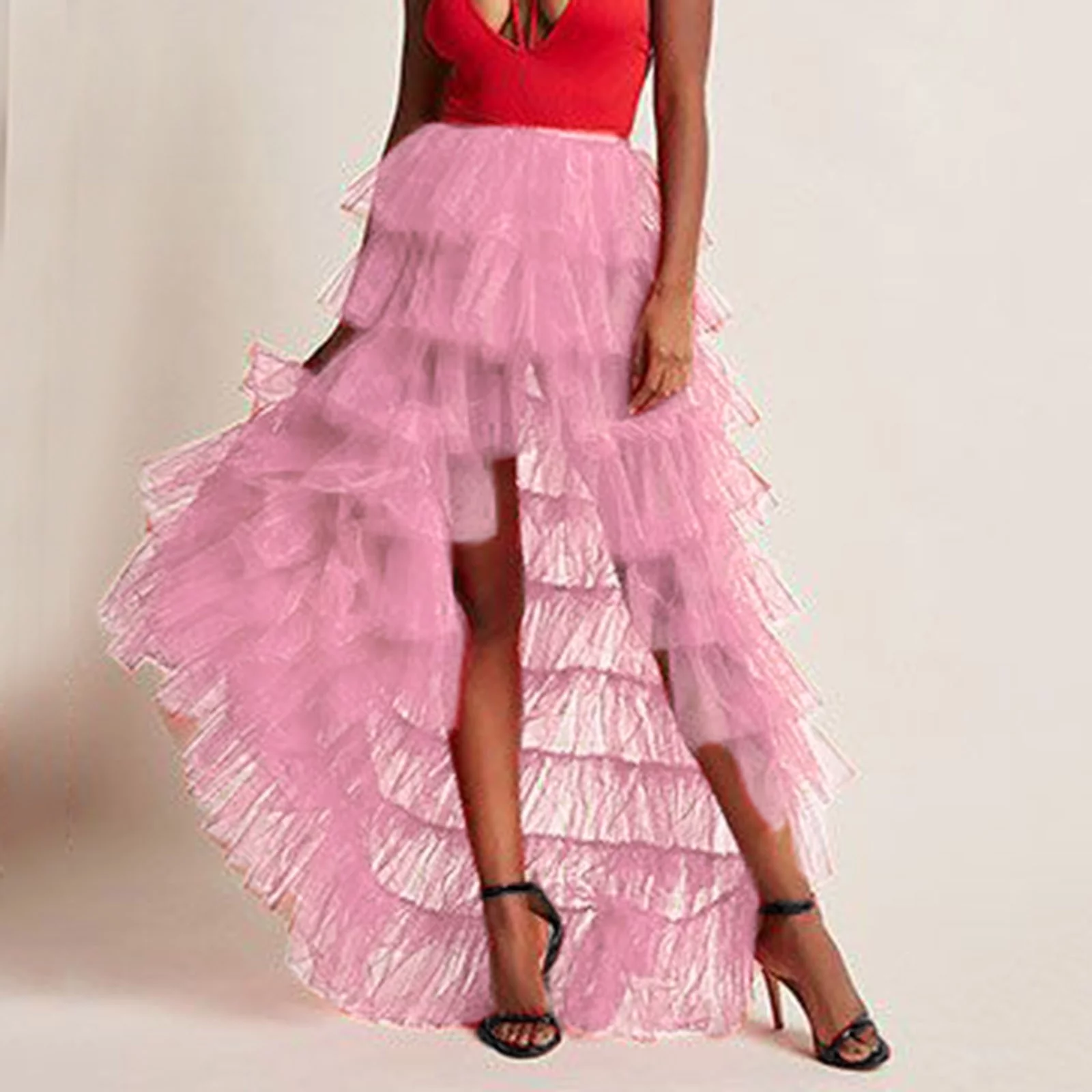Summer Jean Skirt Woman'S Cake High Waist Skirt Pleated Skirt Bubble Skirt Long High Low Ruffles Party Tulle Skirt Skirt Sets Women 2 Piece Outfits Formal
