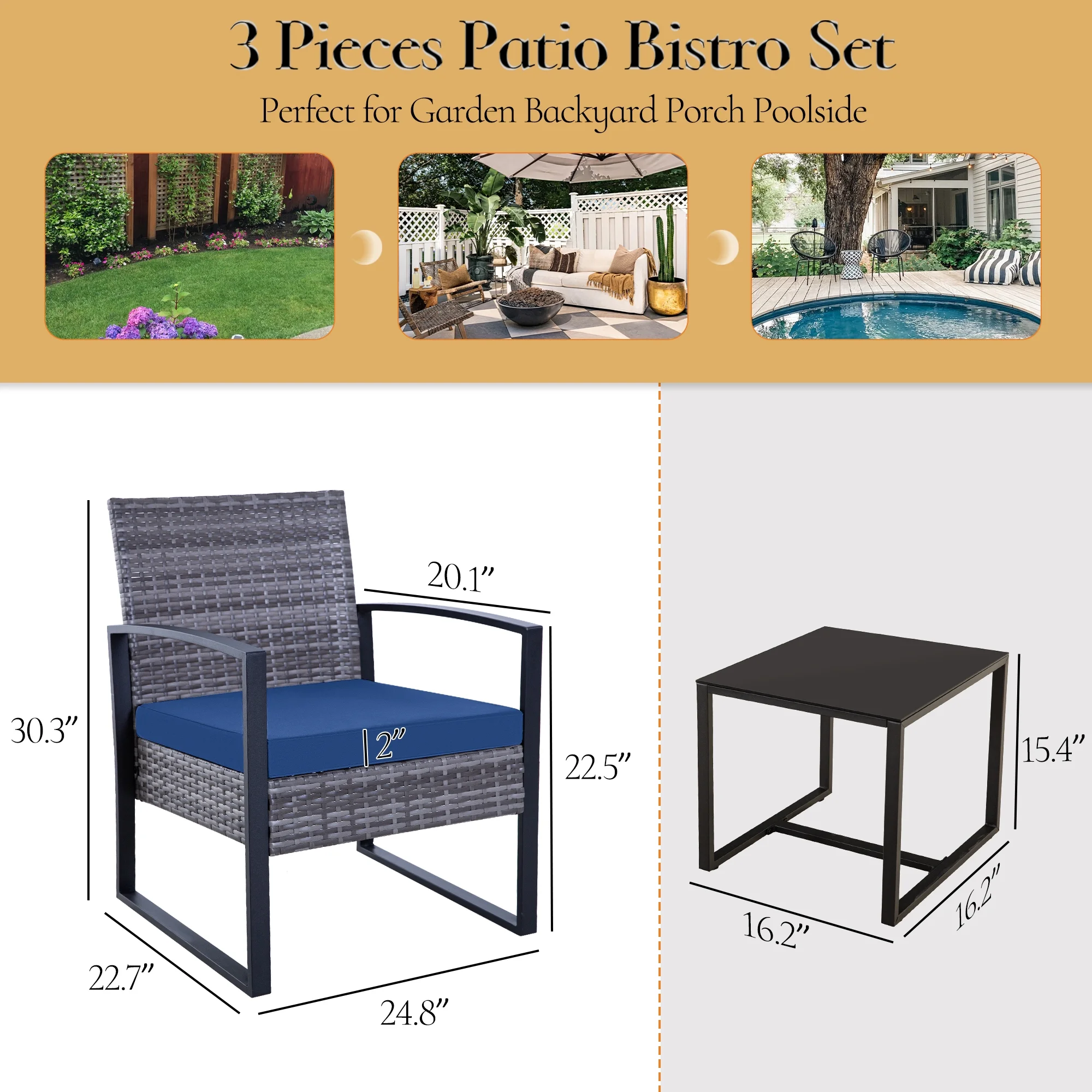 3 Piece Patio Set Chairs Bistro Set Rattan Conversation Set