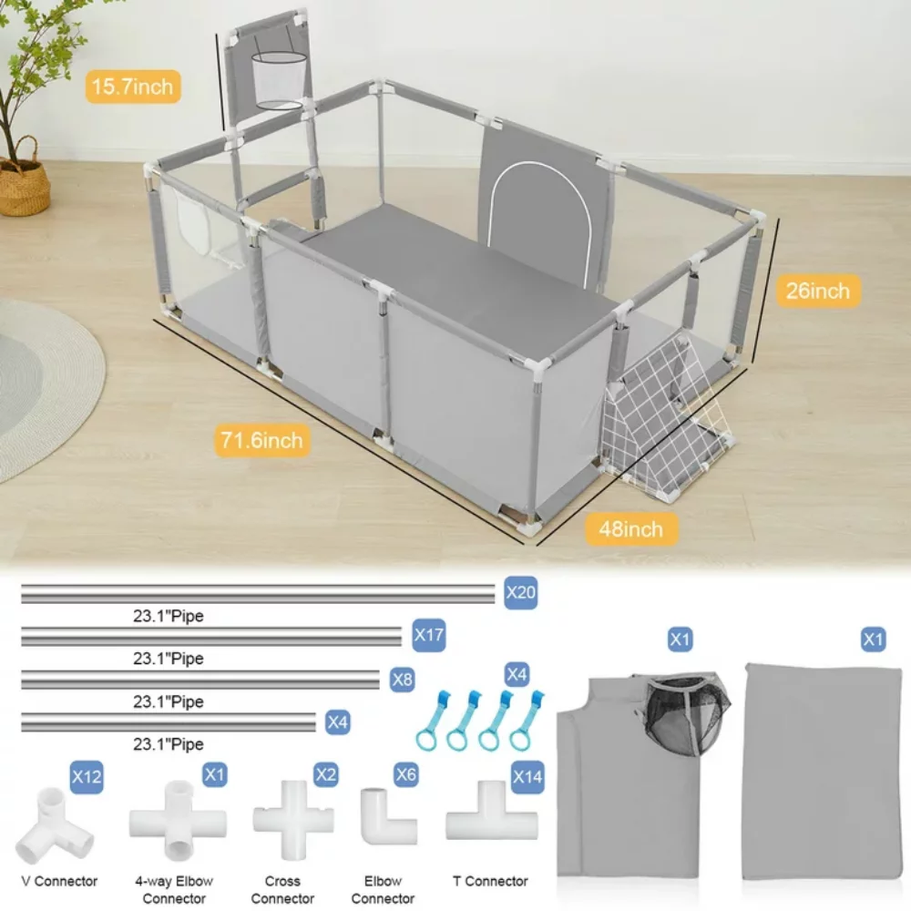 Zmoon Baby Playpen,71inch Extra Large Baby Playard with Basketball Hoop and Breathable Mesh,Children Kids Play Fence,Baby Play Pen, Infant Play Area(Grey)