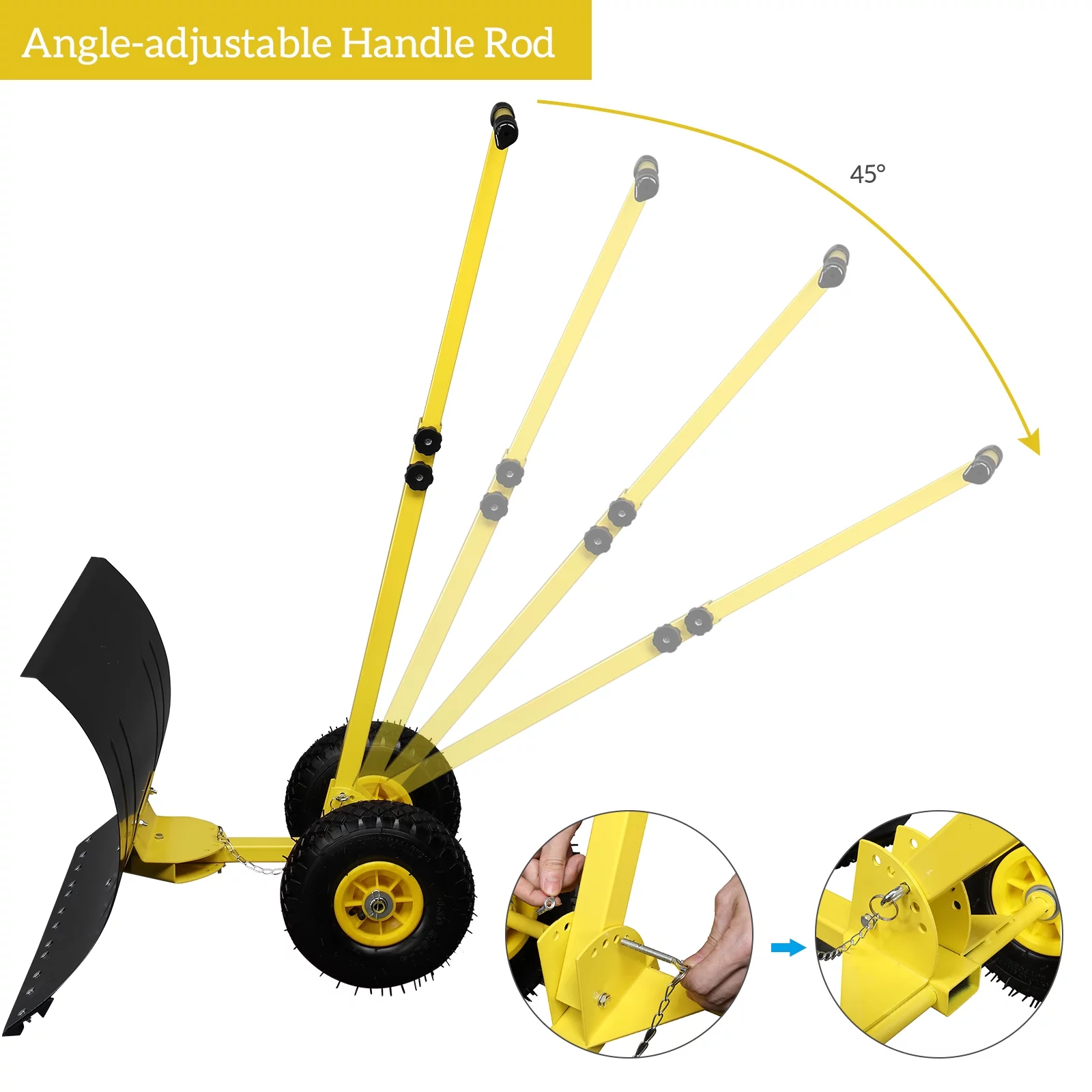 Long Snow Plow Shovel Angle & Height Adjustable Padded Handle Efficient Snow Clean Tool for Driveway or Pavement Yellow