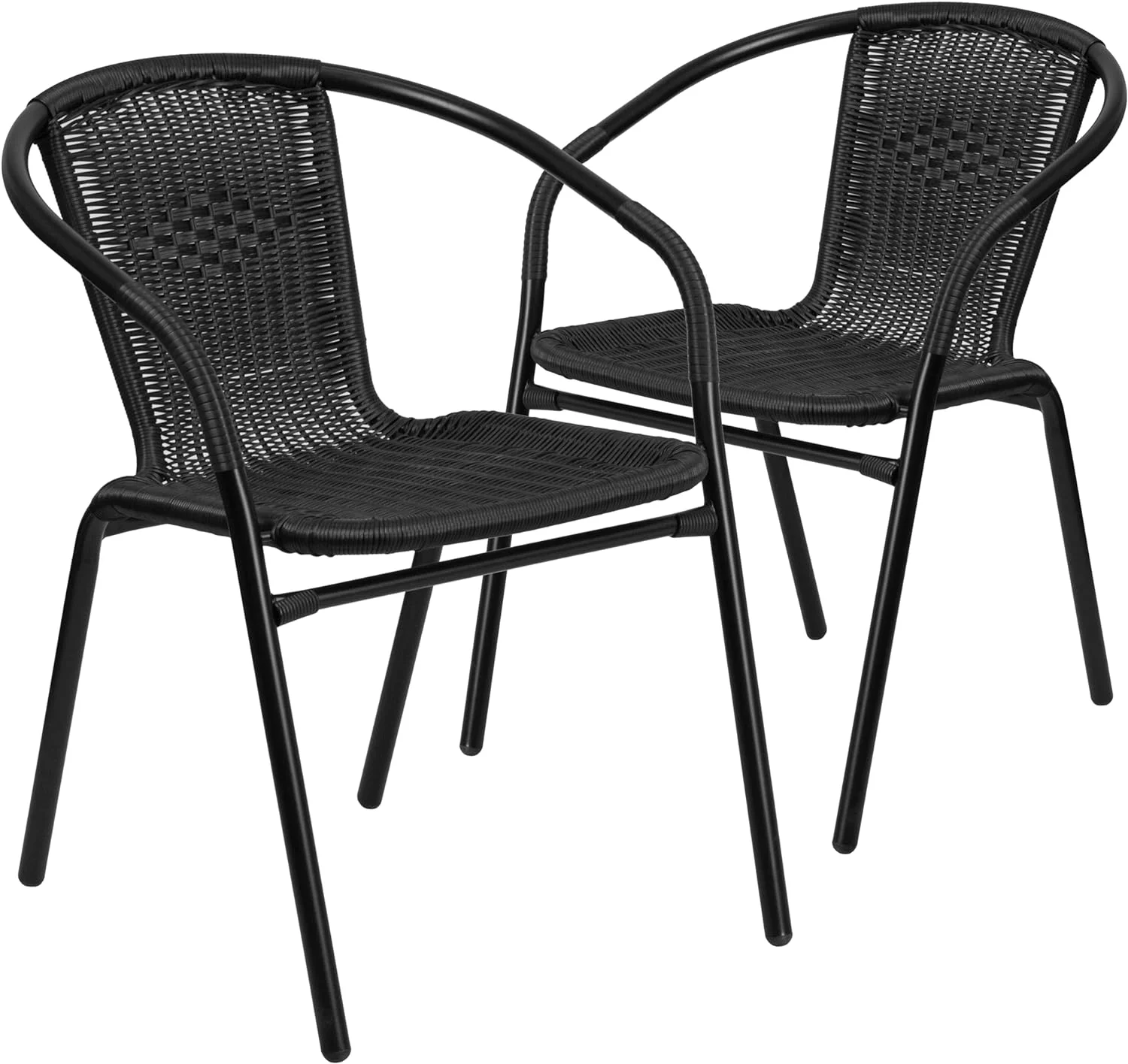 2-Pack Black Rattan Stackable Chairs: Indoor-Outdoor Restaurant Seating with Curved Back
