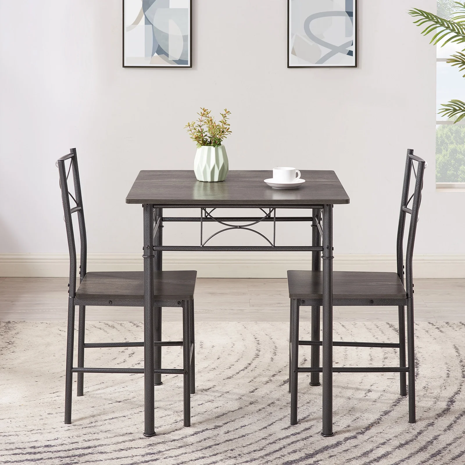 Three-piece kitchen and dining table set, made of particleboard wood and sturdy steel support frame, gray chair