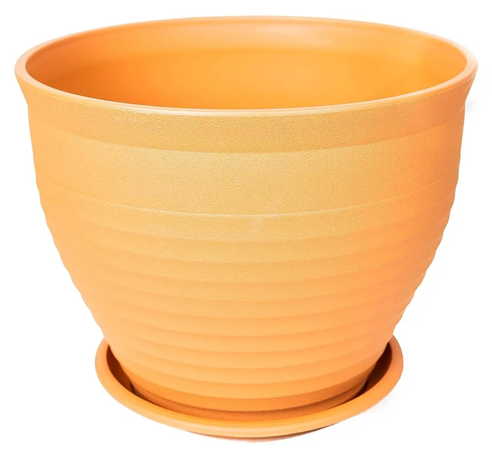 Circle Pattern Terracotta Look 2 Pack (2 + 2 Matching Saucers) Plastic Planter For Indoor, Outdoor, Nursery, Garden, Patio, Deck, Office, Home Décor. Long Lasting, Lightweight (Tan)