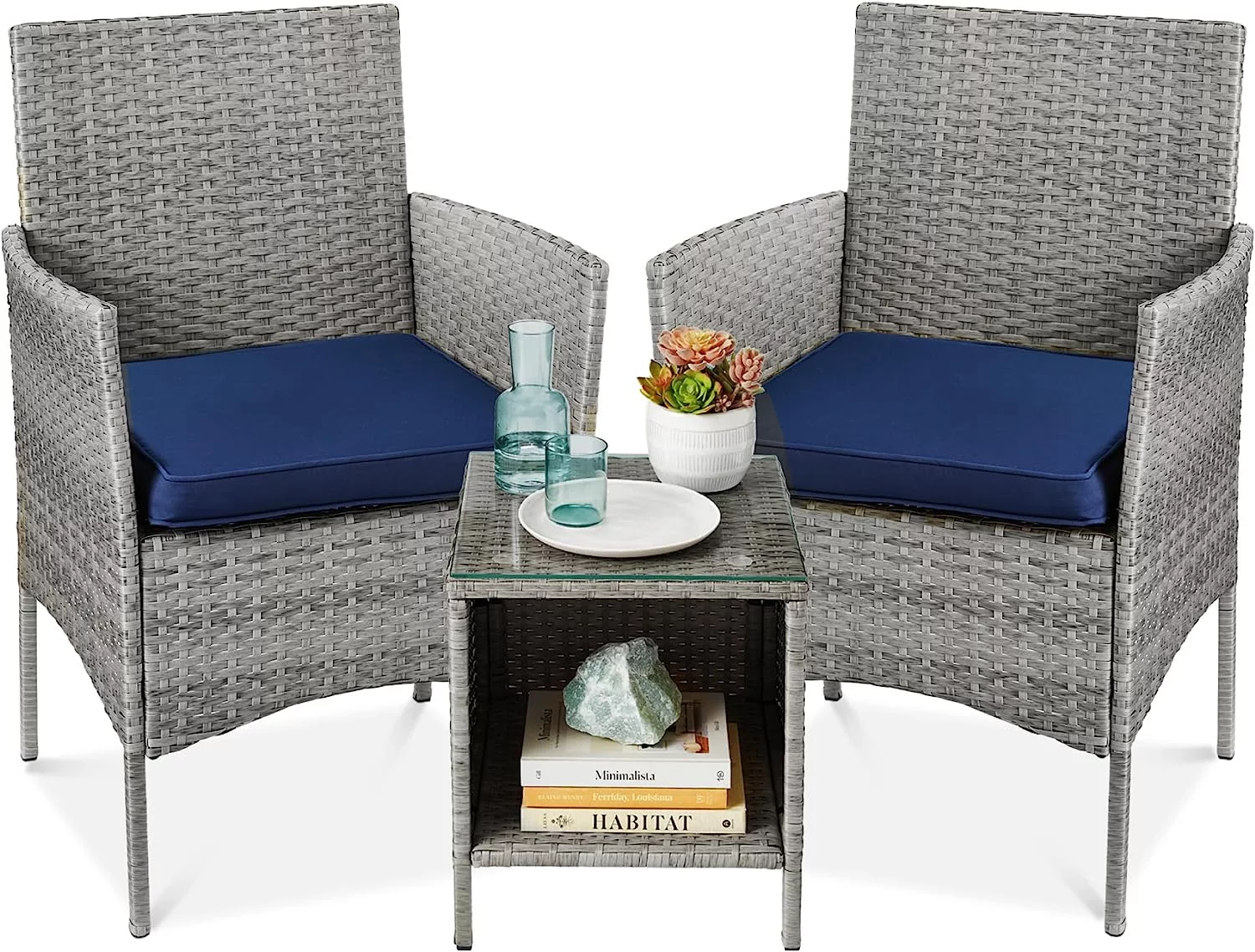 3-Piece Outdoor Wicker Conversation Bistro Set, Space Saving S Furniture for Yard, Garden w/ 2 Chairs, 2 Cushions, Side Storage Table - Gray/Navy