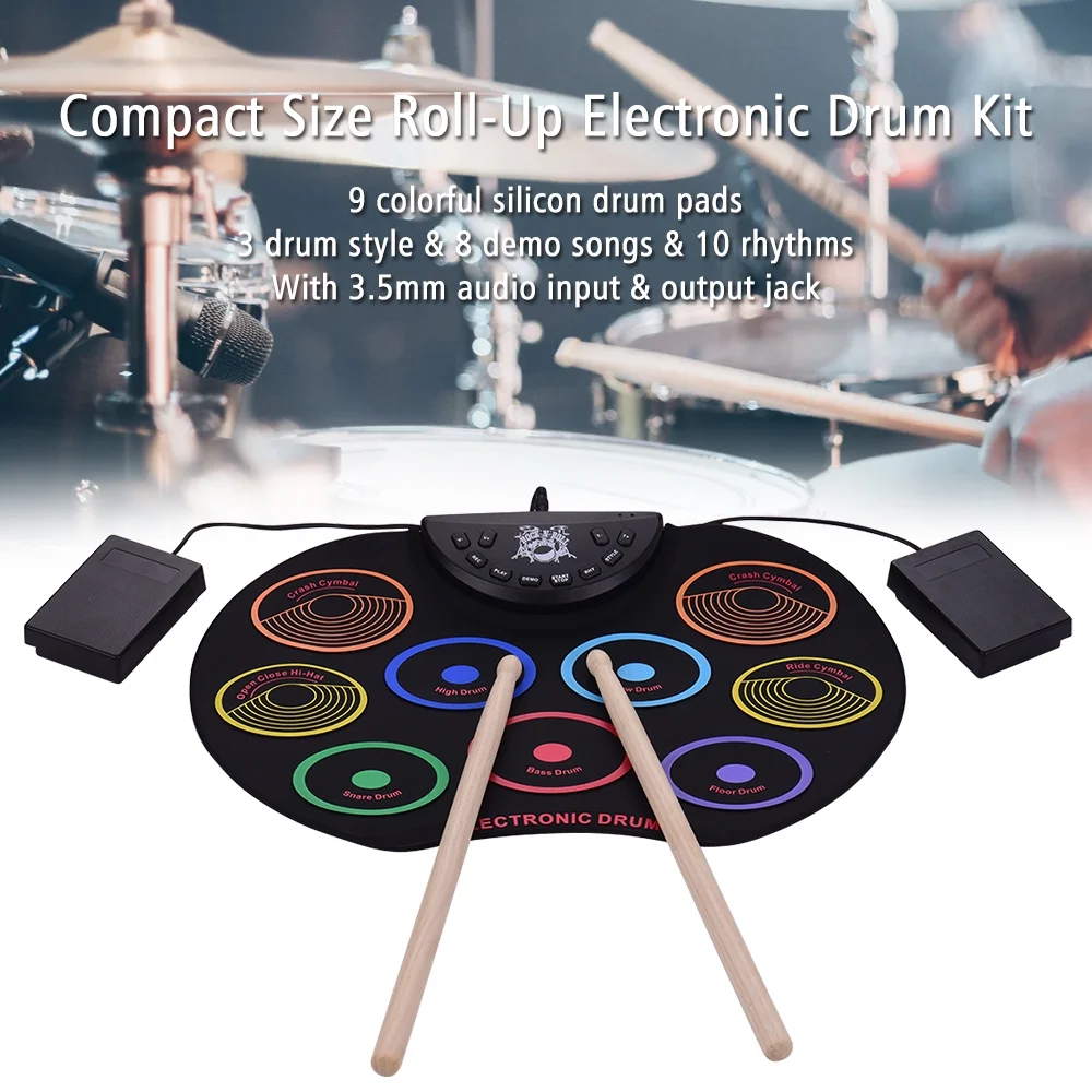 Suzicca Compact Size Roll-Up Drum Set Electronic Drum Kit 9 Silicon Drum Pads USB/Battery Powered with Drumsticks Foot Pedals for Children Kids
