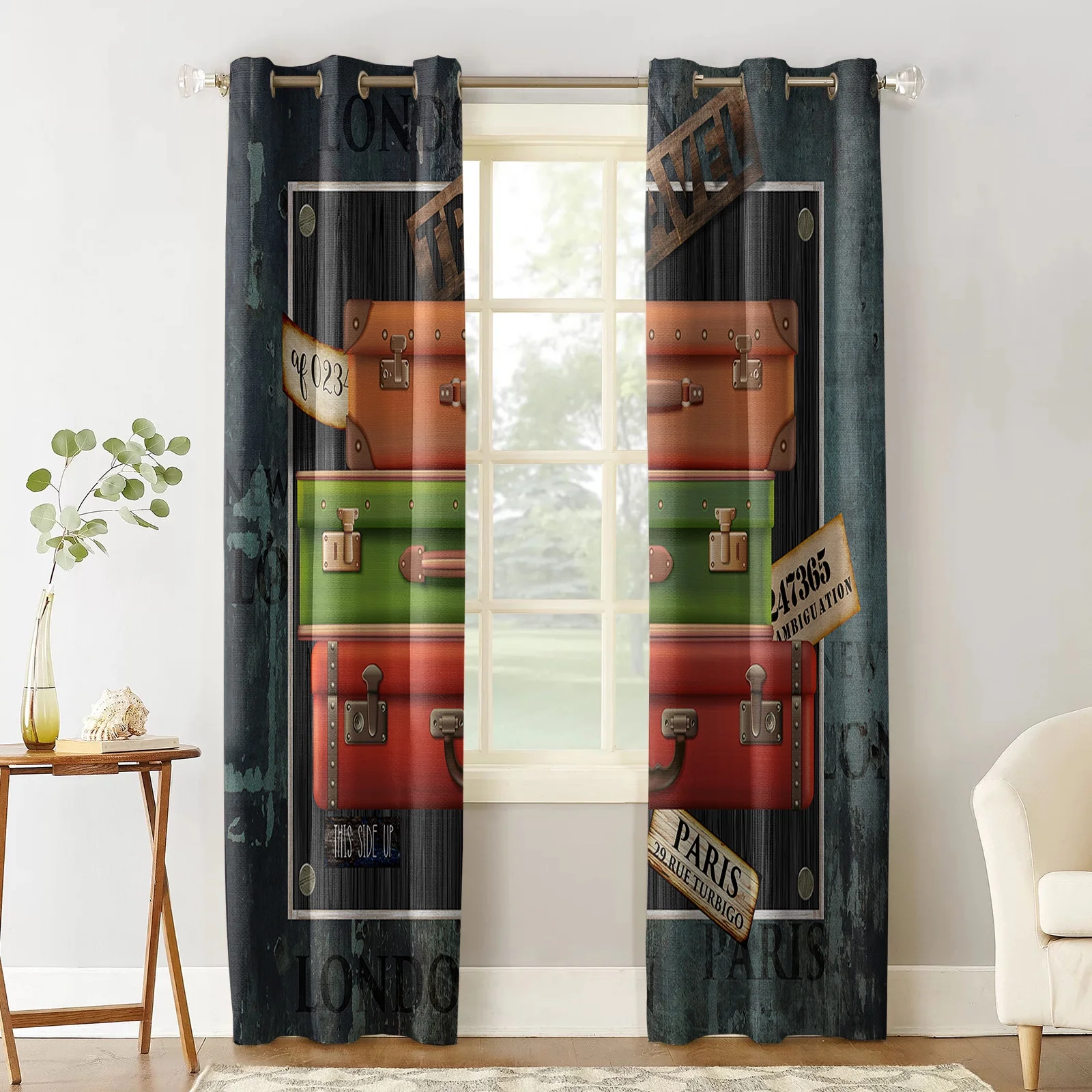 Blackout Curtains for Bedroom Retro Shabby Suitcase Summer Travel Grommet Thermal Insulated Window Curtains Room Darkening Drapes for Living Room Set of 2 Panels, 27.5x39 inch