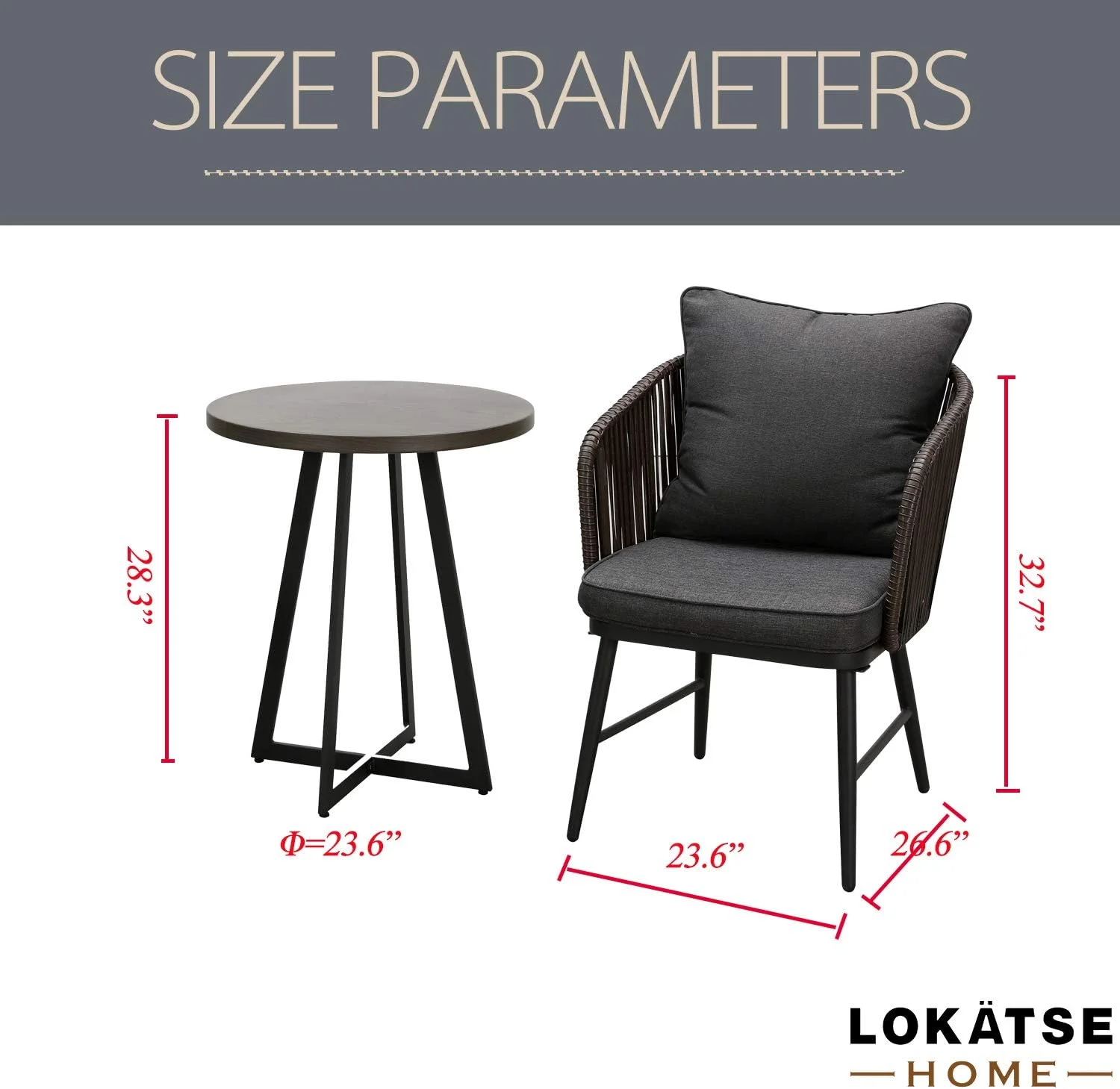 Outdoor 3 Piece Bistro Set Patio Wicker Modern Balcony Furniture Include 2 Chairs with Seat  Back Cushions  1 Coffee, Black Table Top