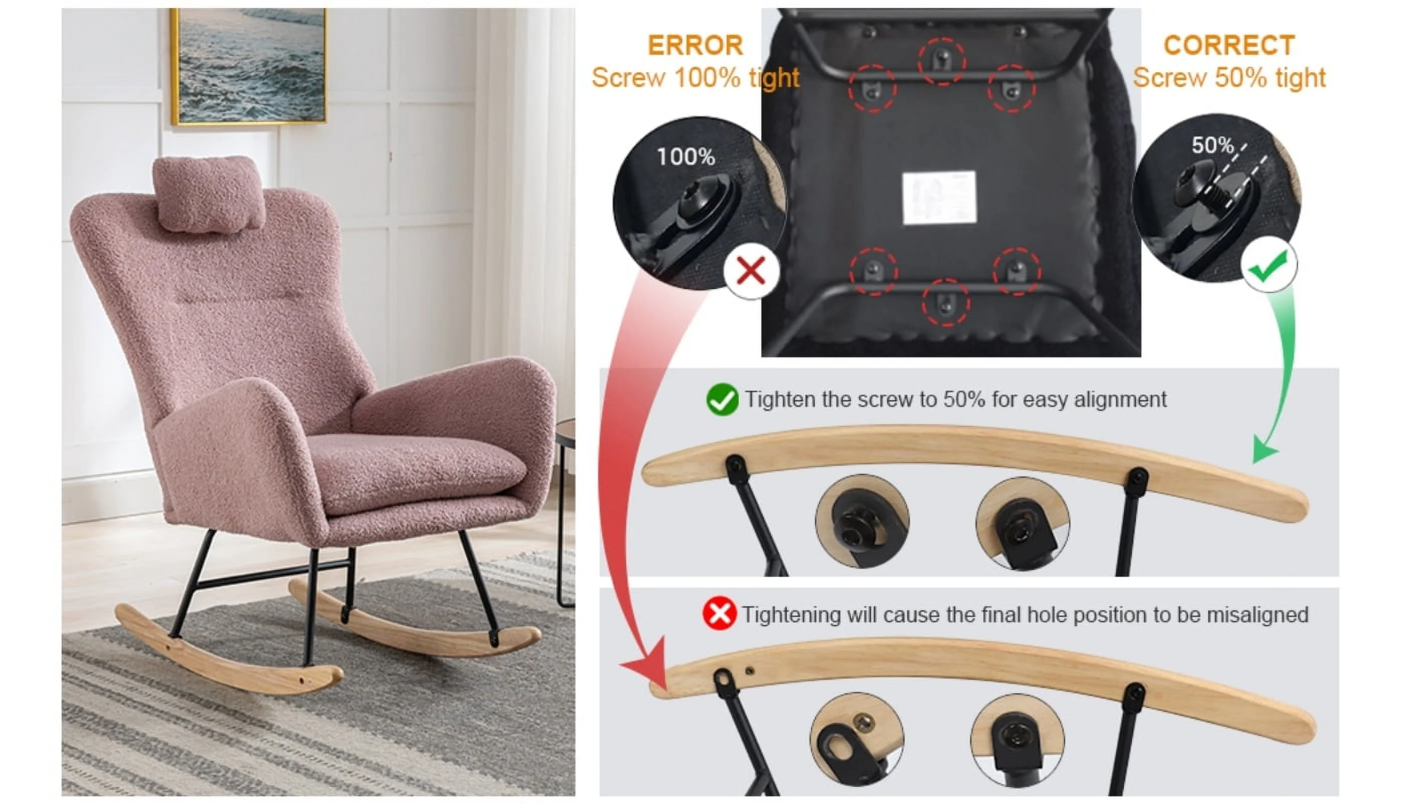 35.5 inch Rocking Chair with Pocket  Soft Teddy Fabric Rocking Chair for Nursery  Comfy Wingback Glider Rocker with Safe Solid Wood Base for Living Room Bedroom Balcony (pink)