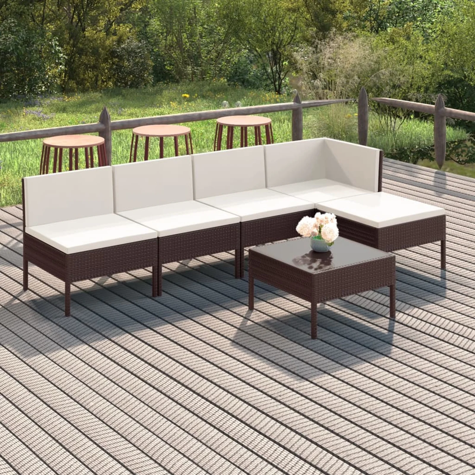 Anself 6 Piece Garden Conversation Set Cushioned Corner Sofa and 3 Middle Sofas with Coffee Table Brown Poly Rattan Sectional  Furniture Set for Patio, Backyard, Patio, Balcony
