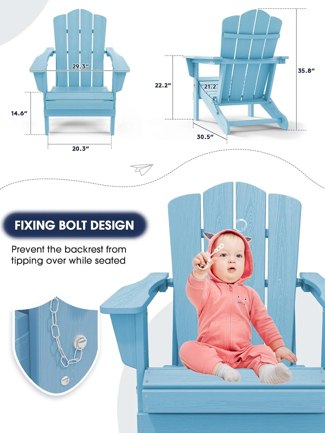 KINGYES Folding Adirondack Chair, HDPE All-Weather Folding Adirondack Chair, Light Blue