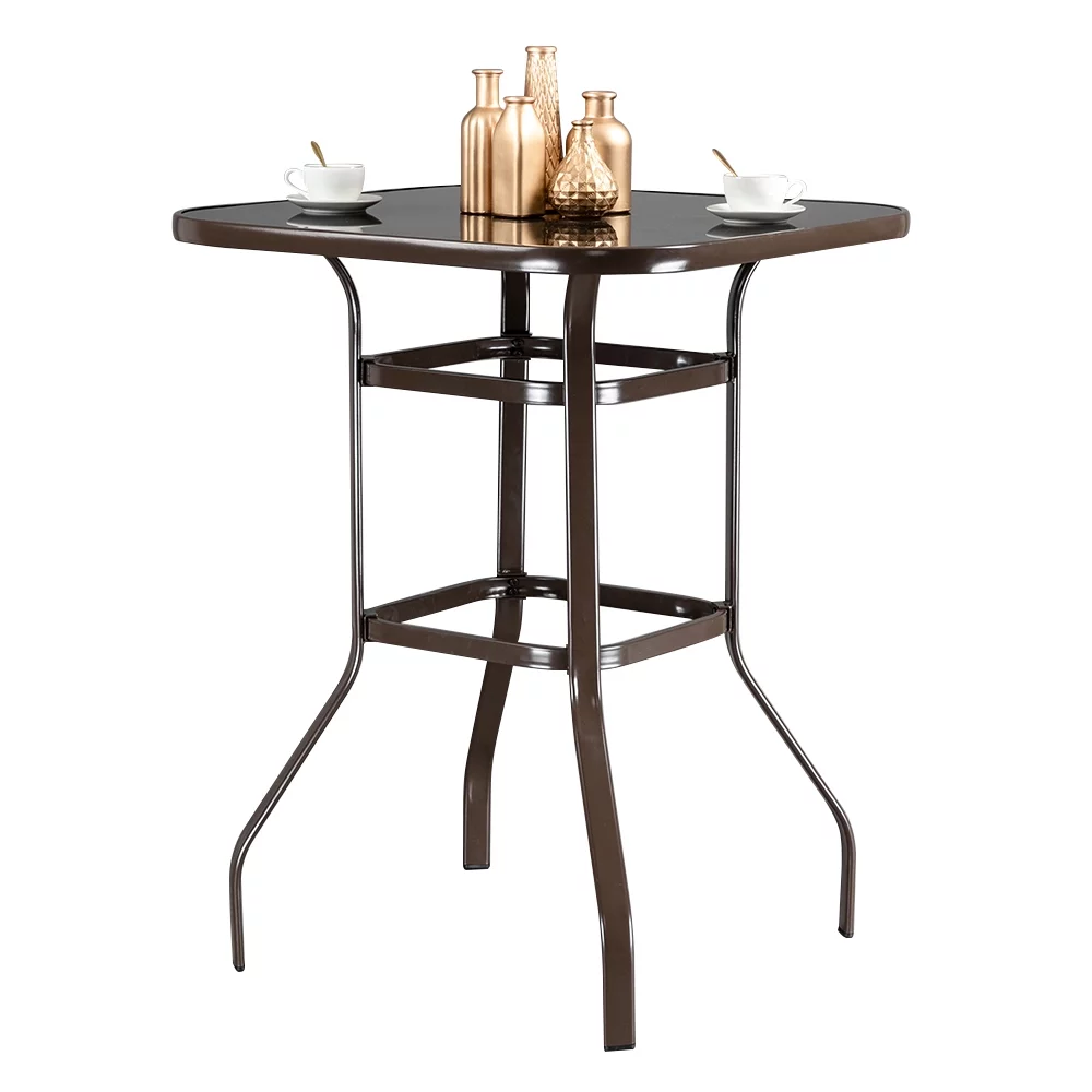 Wrought Iron Glass High Patio Bar Table Brown