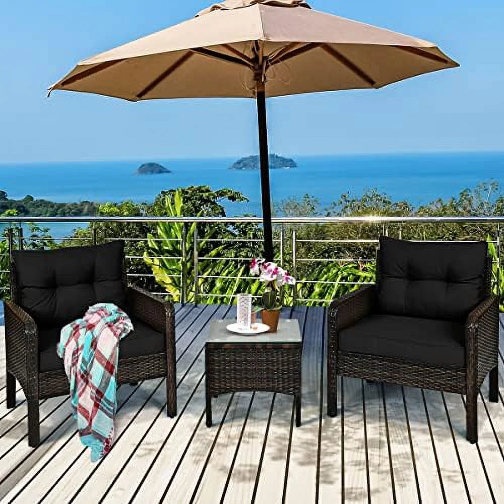 DIKTESSE 3 Piece Outdoor Wicker Conversation  Set  Rattan Patio Chairs  w/Glass Top Coffee Table & Thick Cushions  Patio  Set for Deck Porch Poolside Garden (Turquoise)