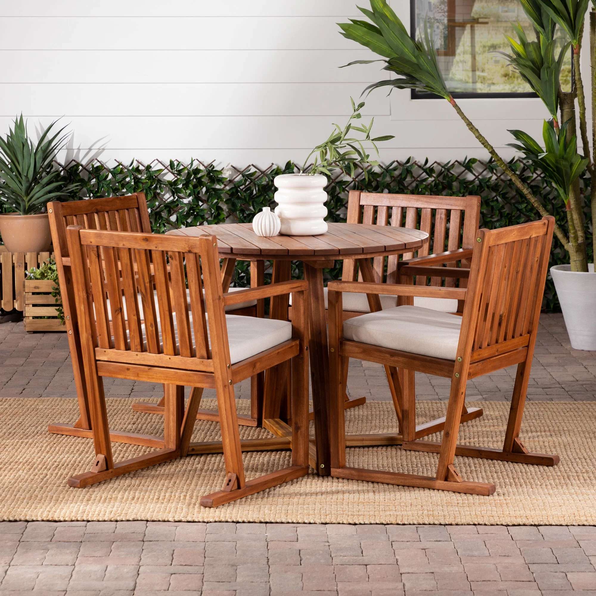Walker Edison Modern 5-Piece Solid Wood Outdoor Dining Set, Brown