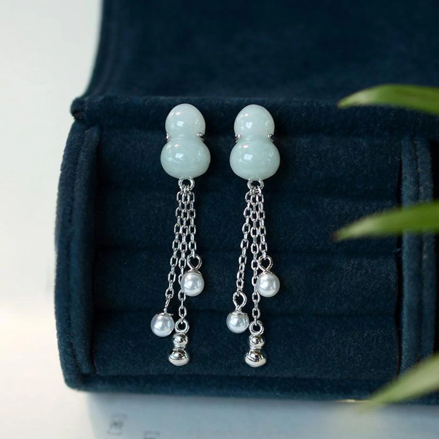 S925 Sterling Silver Natural Jade Gourd Fulu Tassel Temperament All-match Lady Long Earrings