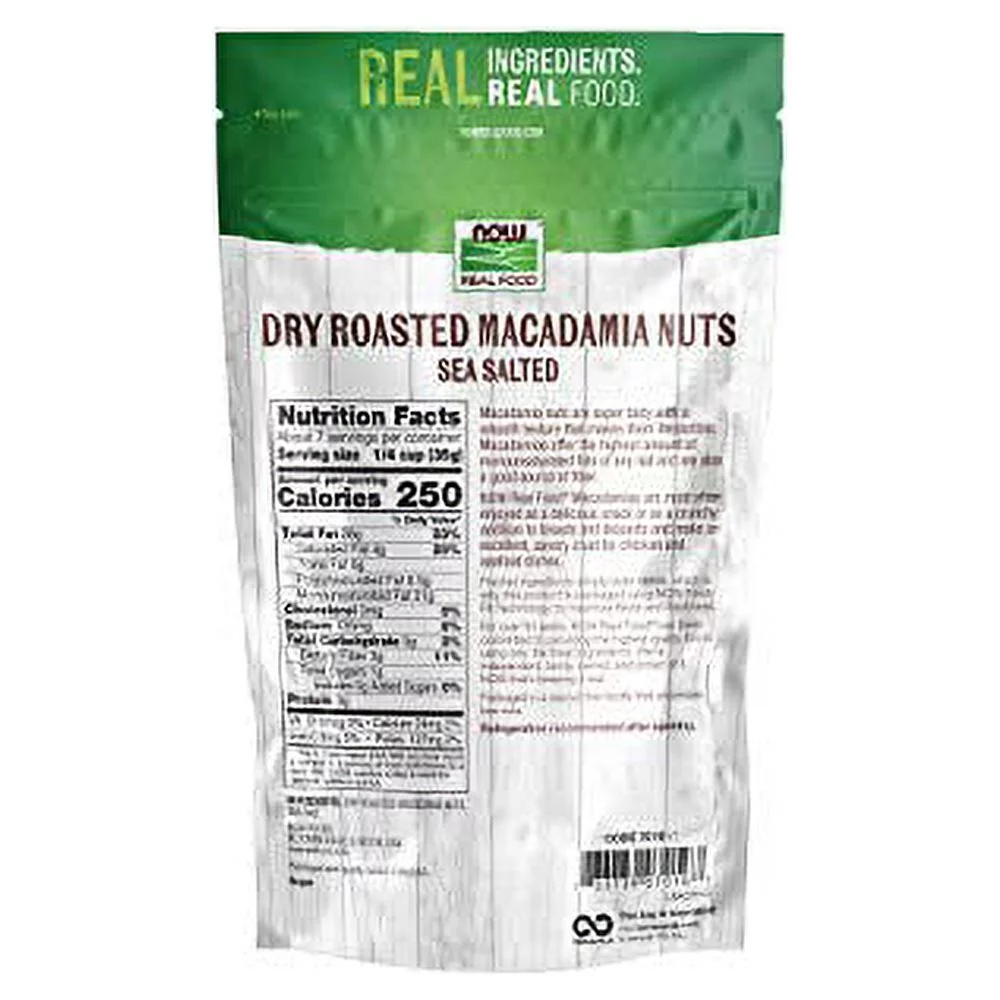 NOW Natural Foods, Macadamia Nuts, Dry Roasted with Sea Salt, Source of Fiber, Gluten-Free and Certified Non-GMO, 9-Ounce (Packaging May Vary)