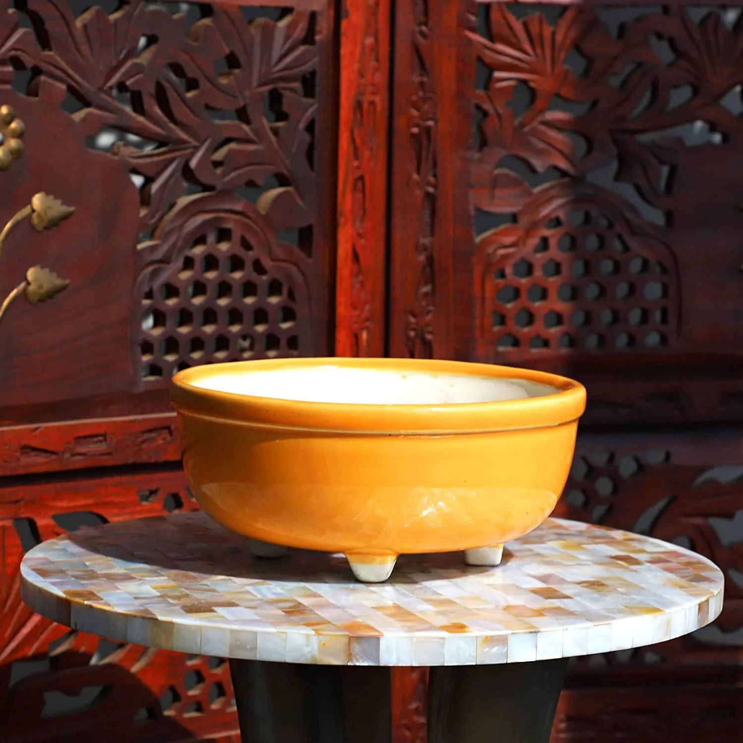 India Meets India Ceramic Bowl Leg Planter [Orange], Decorative Planter for Home Décor/Living Room/Office/Table Top/Dining Area and Windowsill Décor, 7 x 3 inches