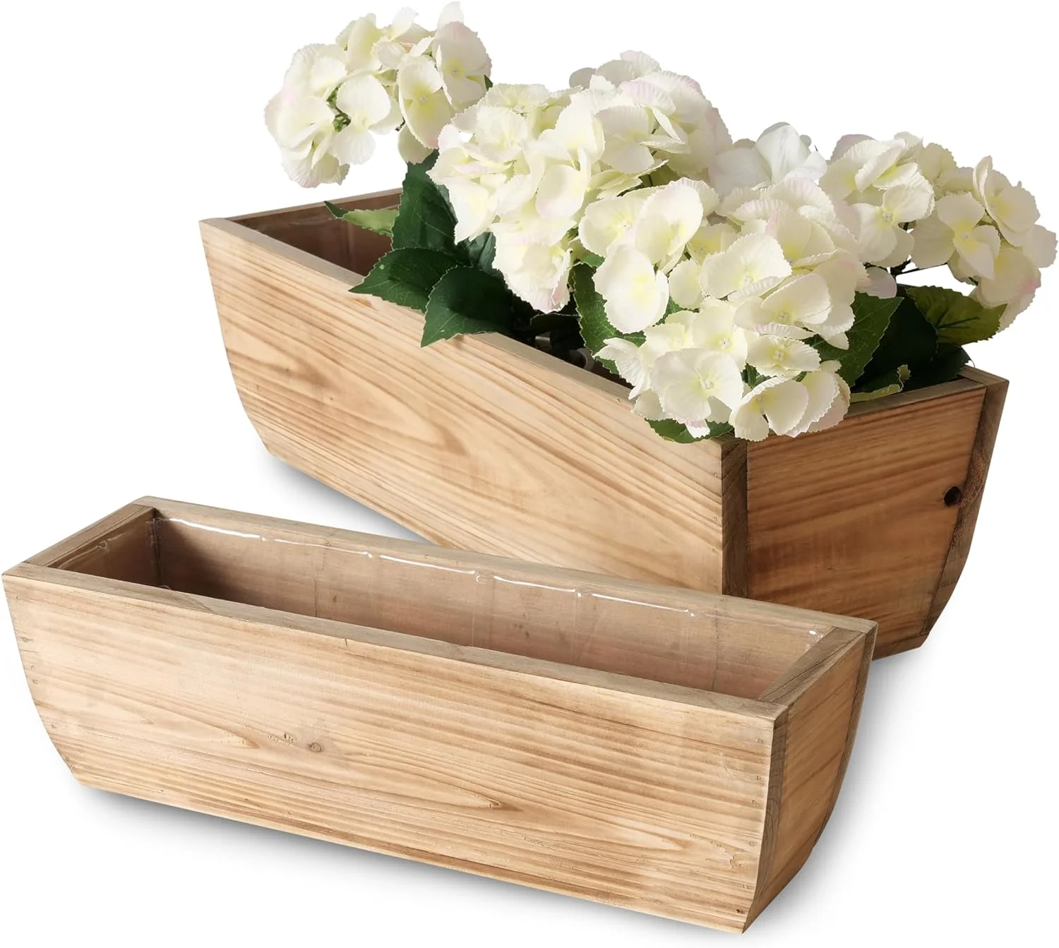 Balcony Box Planters, Set of 2, Rectangular, Plastic Lined, Fir Wood, 21.75 and 15.75 Inches, Nesting