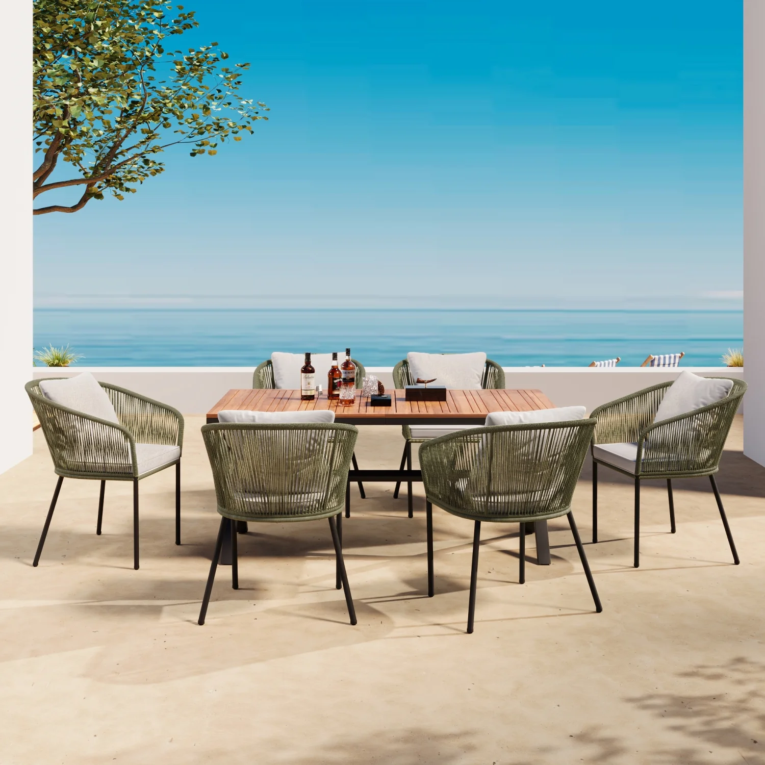 All-Weather Green 7-Piece Patio Dining Set with Durable Acacia Wood Tabletop and Sturdy Metal Frame  Stylish Outdoor Furniture Set with Dining Table and Chairs  Ideal for Garden  Backyard