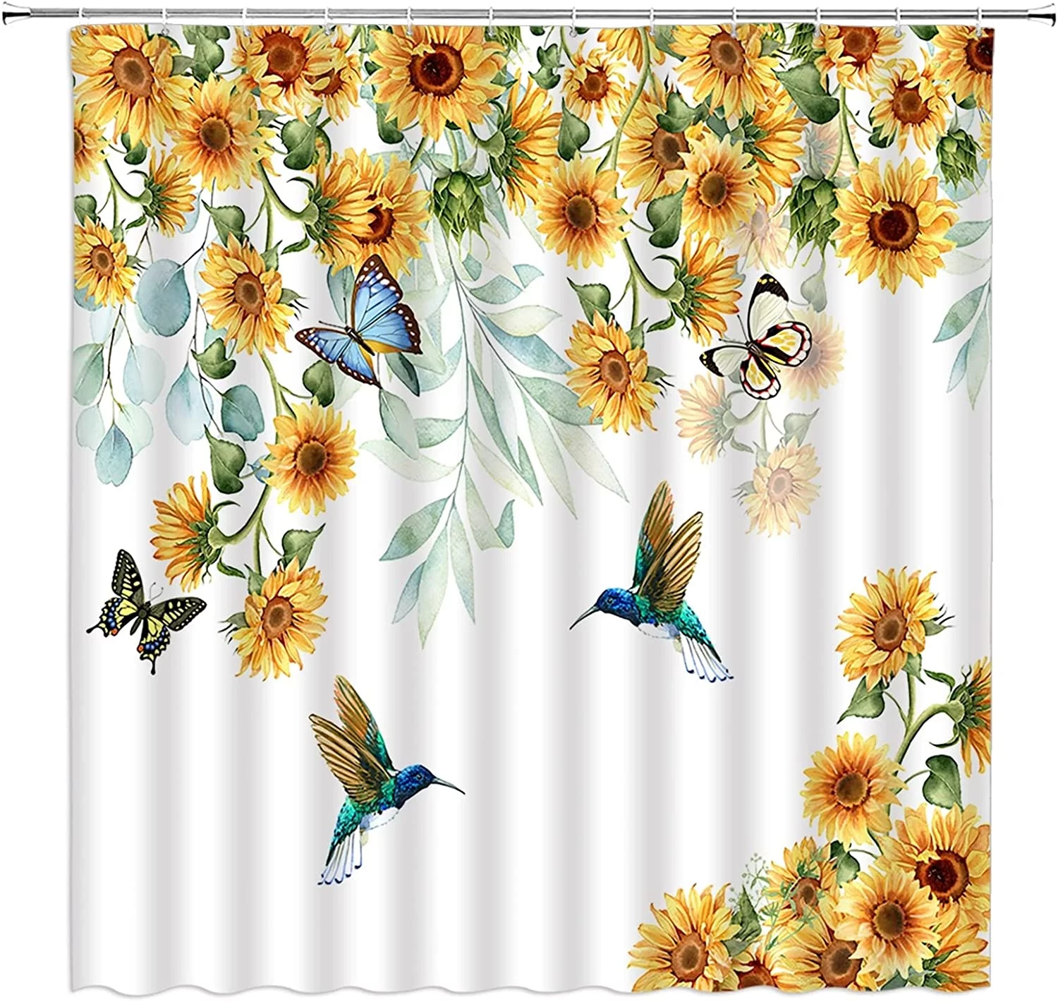 Sonernt Sunflower Hummingbird Shower Curtain Rustic Watercolor Yellow Flower Butterfly Country Farmhouse Vintage Fabric Bathroom Curtains Decor Set with Hook72x72inch