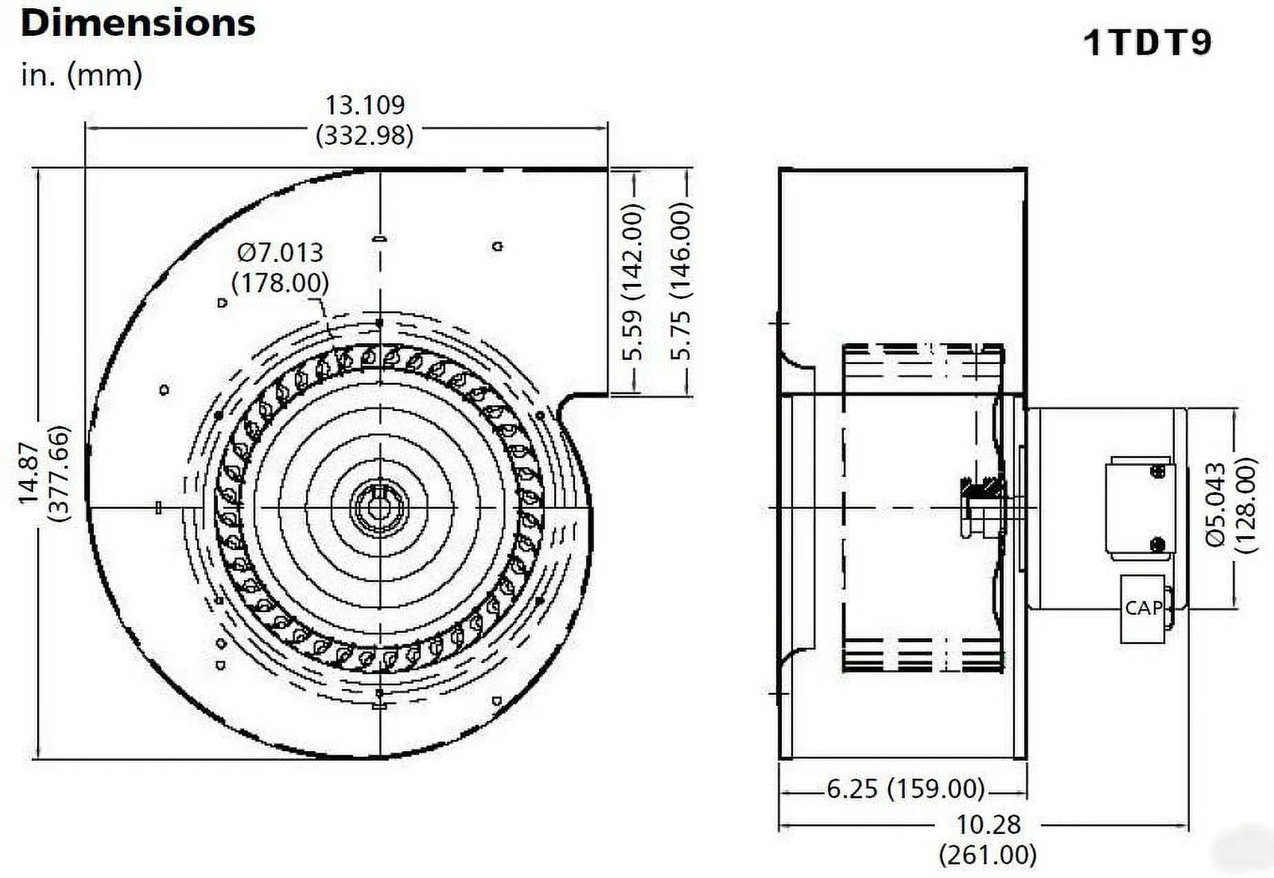 1TDT9 Blower, 794 CFM, 115/230V, 2.75/1.45 Amp