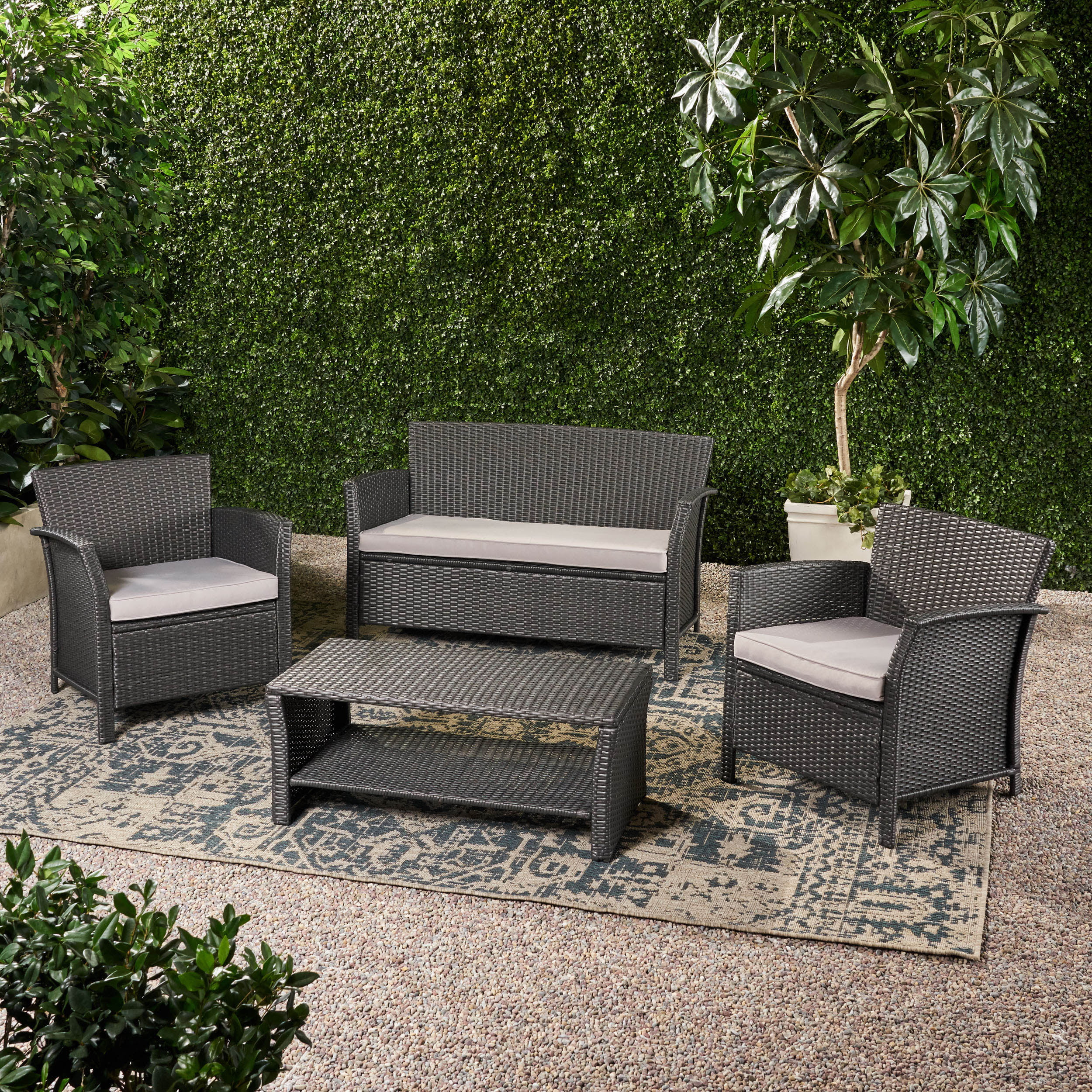 Outdoor 4 Piece Wicker Chat Set with Cushions, Grey & Silver