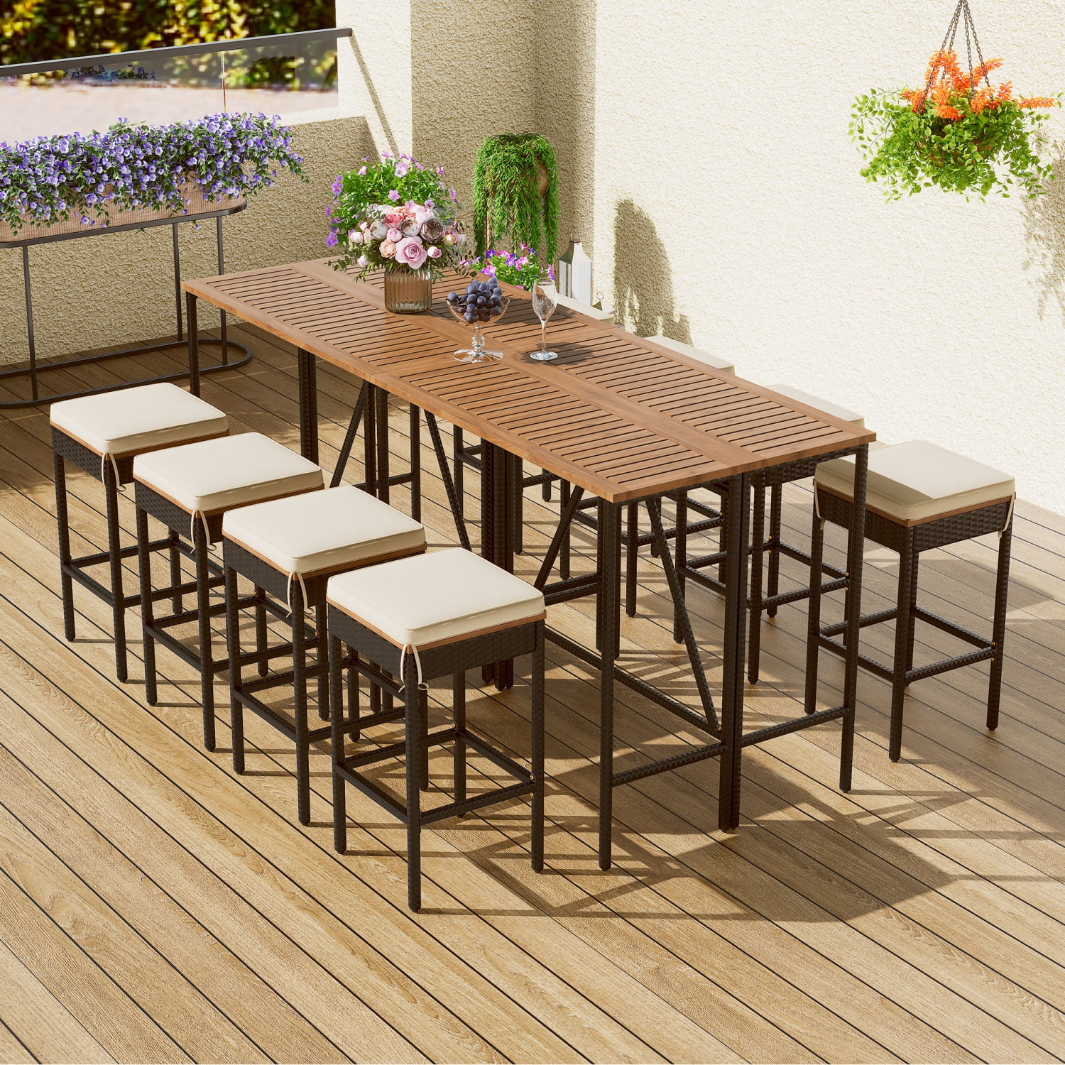 Brown All-Weather High-Dining Bistro Set with Cushions - 10-Piece Outdoor Acacia Wood Bar Height Table and Eight Stools  Garden PE Rattan Wicker Foldable Tabletop Dining Table - Patio Fur