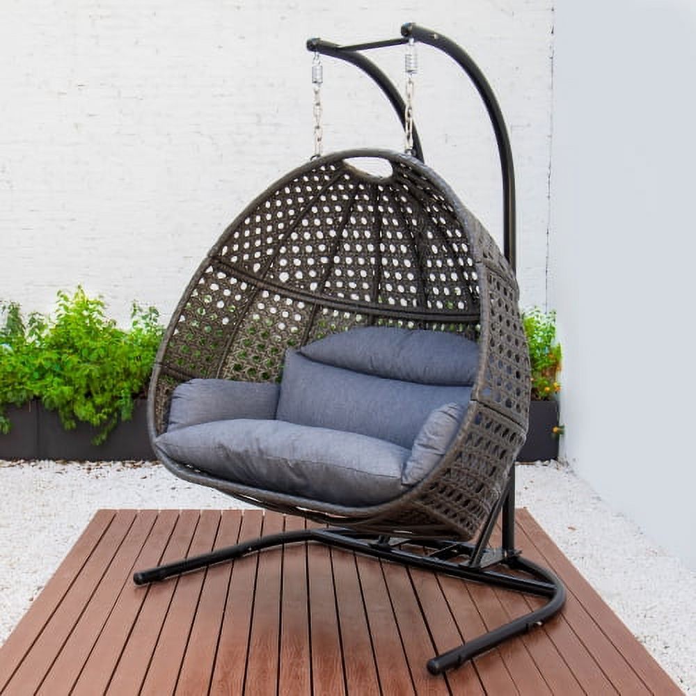 Buumin Charcoal Wicker Hanging Double-Seat Swing Chair with Stand w/Dust Blue Cushion