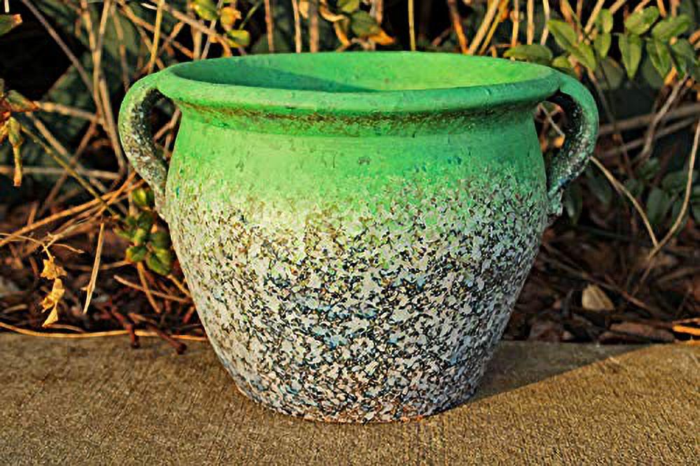 Egyptian  Designed Earthen Ware Terra-Cotta Vessel/Planter With Looped Handles (Taller Distressed Teal Green)