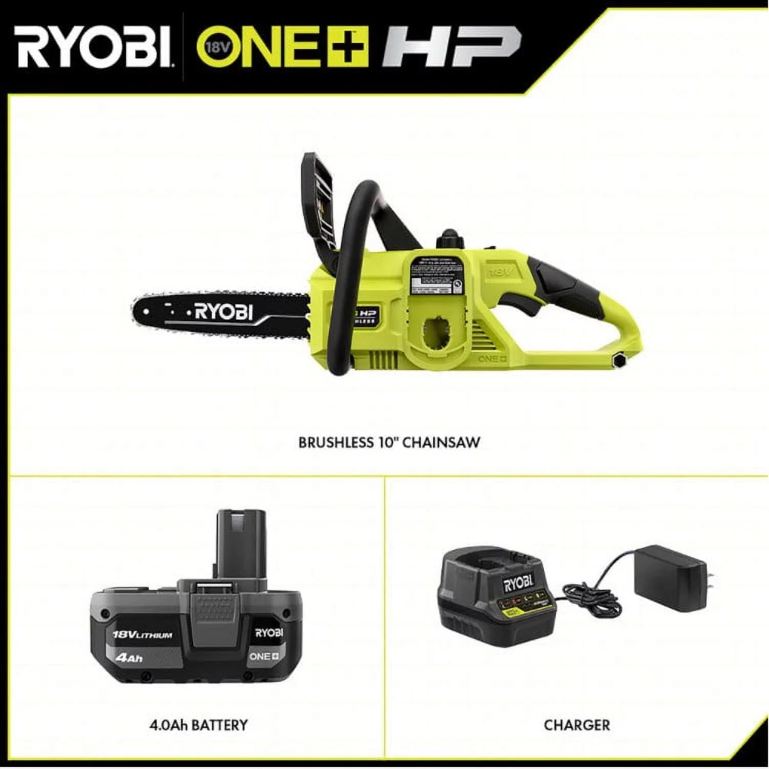 RYOBI 18V ONE+ HP Cordless 10 in. Battery Chainsaw 4.0 Ah Battery Charger Kit