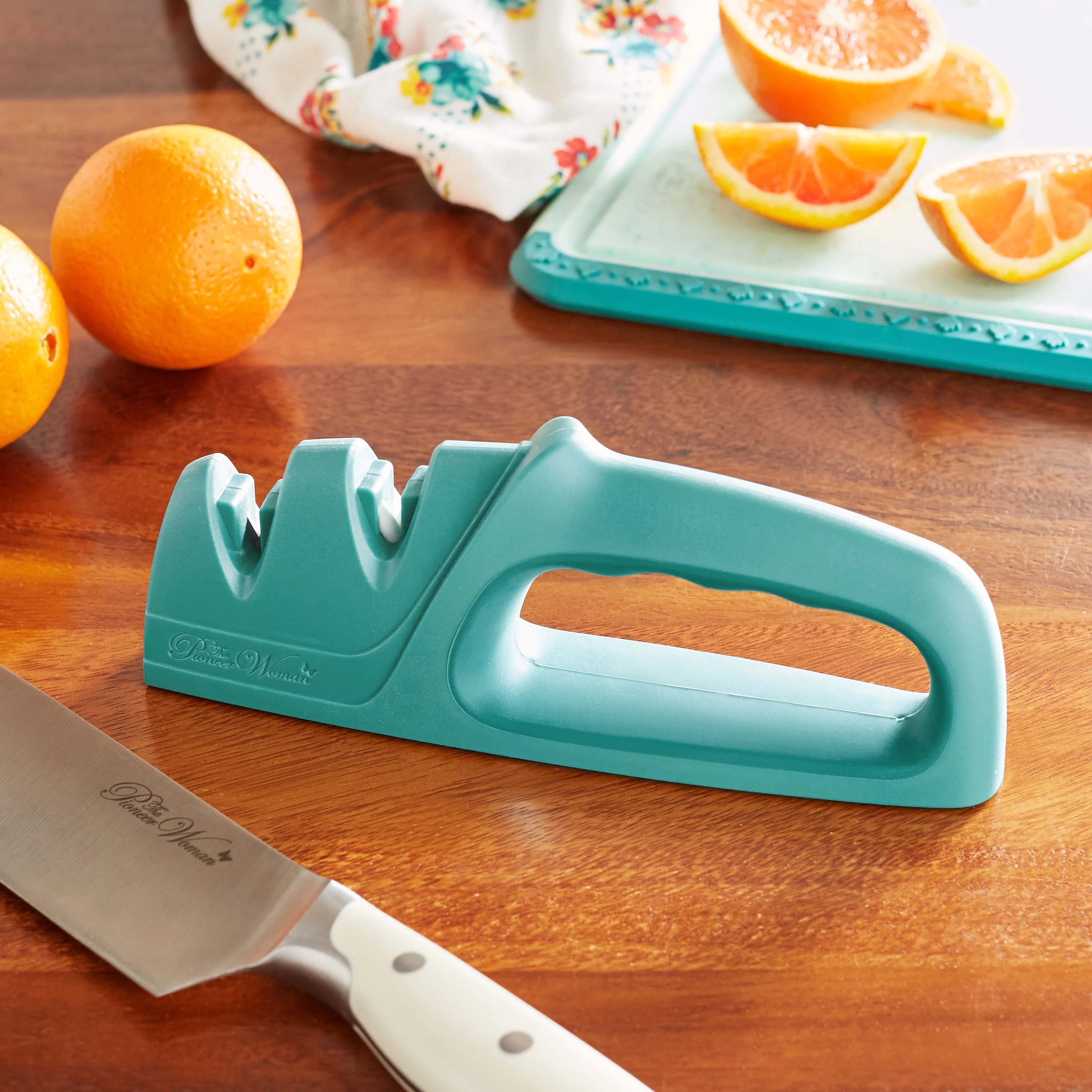 The Pioneer Woman Timeless 2 Stage Knife Sharpener, 0.46lbs, Teal