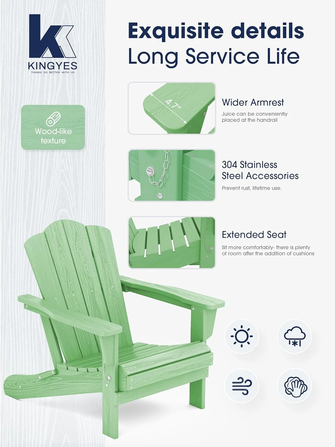 KINGYES Folding Adirondack Chair, HDPE All-Weather Folding Adirondack Chair, Light Green