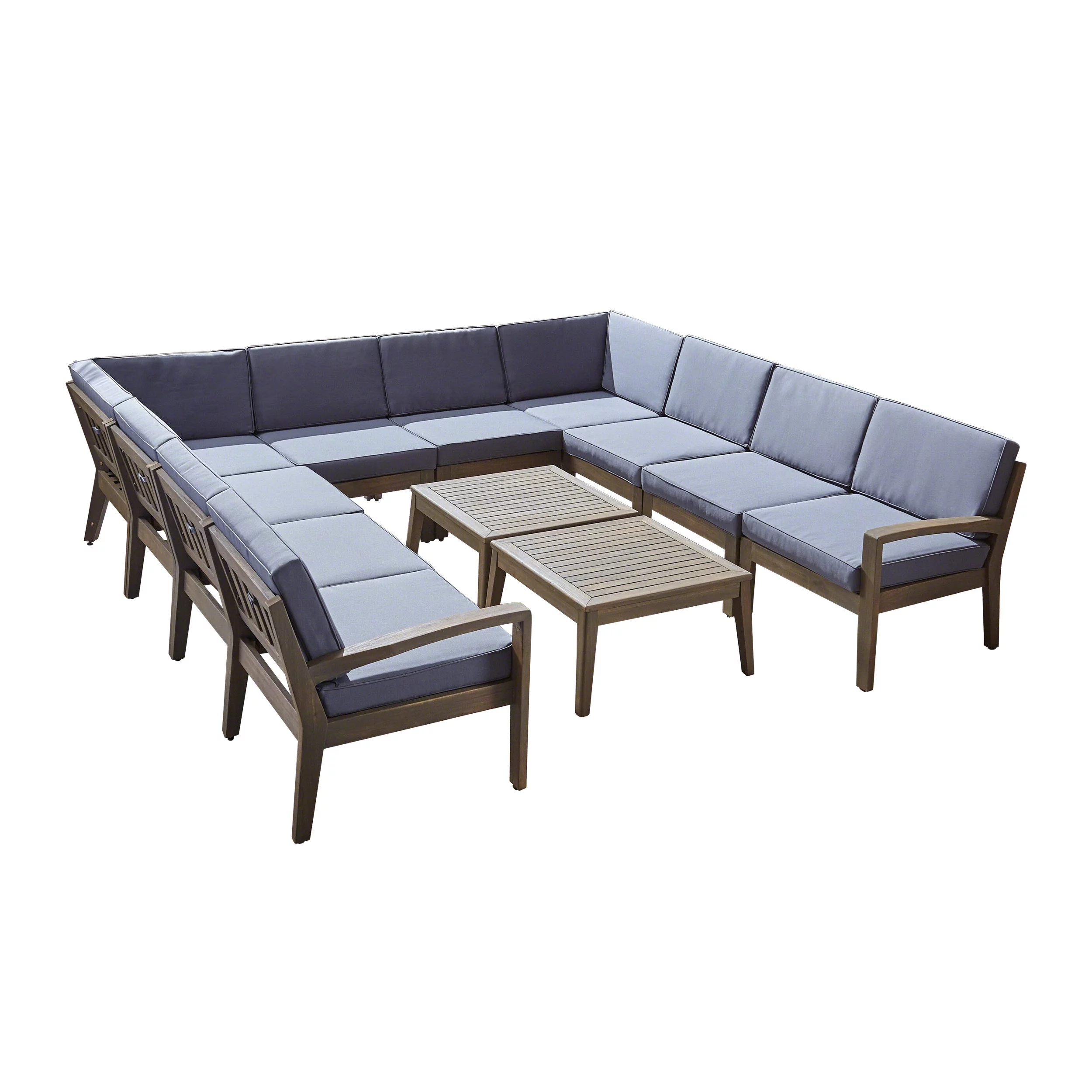 GDF Studio Parma Outdoor Acacia Wood 10 Seater Sectional Sofa Set with Coffee Table Set, Gray and Dark Gray