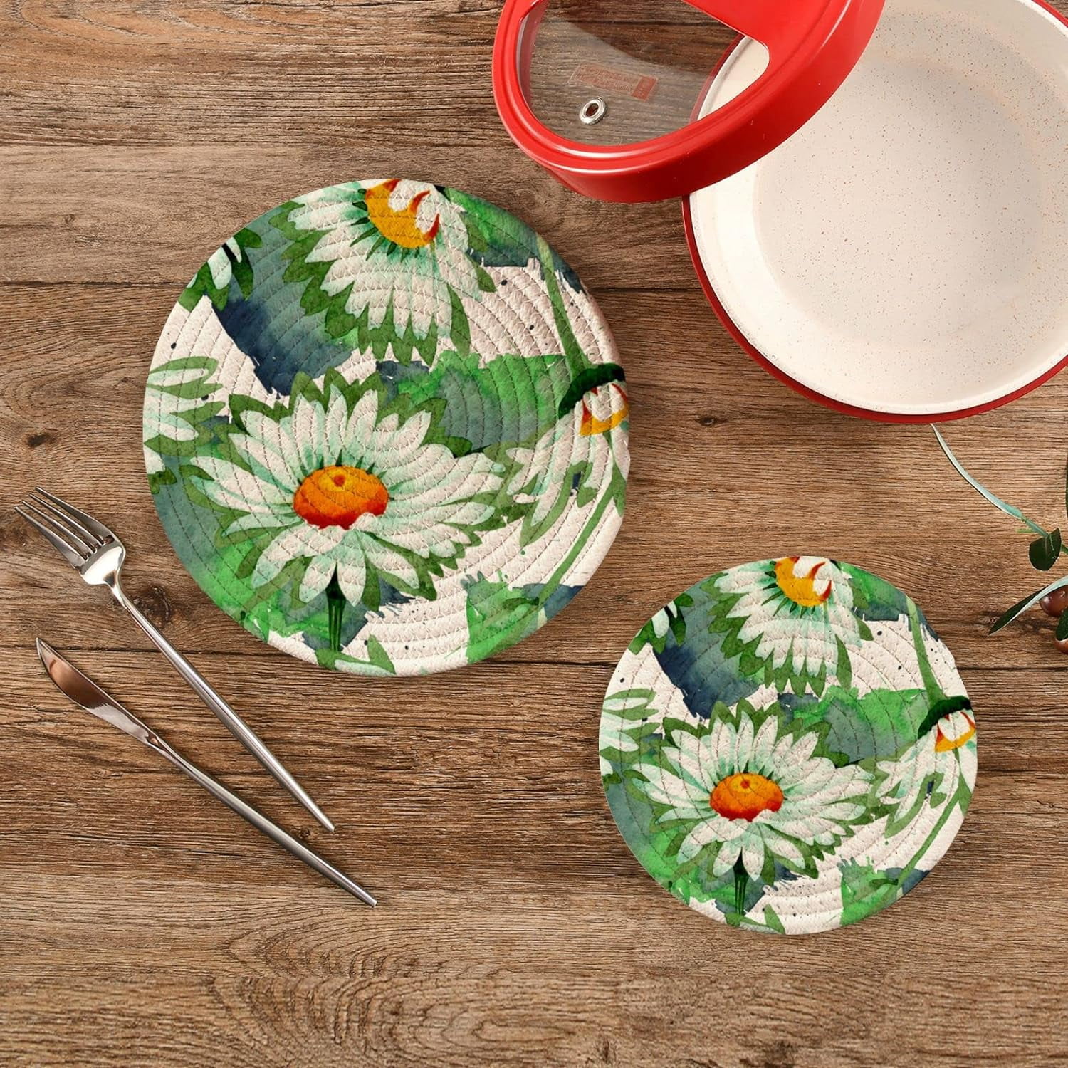 SKYSONIC Daisy Botanical Flowers Pot Holders Trivets, 2 Pcs Heat Resistant Trivets,Cute Summer Floral Cotton Thread Weave Mats for Hot Pads Pans Pot Bowl Teapot for Kitchen Decor
