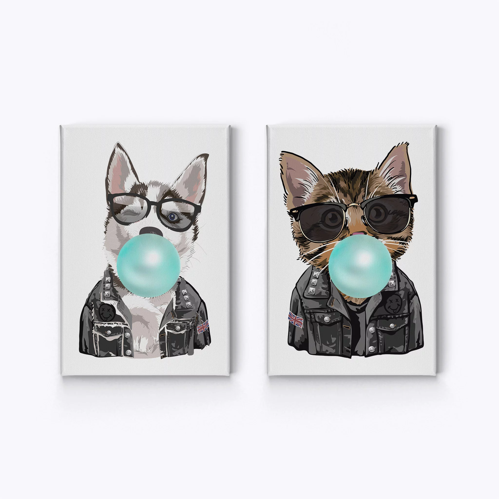Smile Art Design Portrait of Husky Dog and Cat Chewing Teal Blue Bubble Gum 2 Piece Canvas Wall Art Print Set Animal Pop Art Living Room Bedroom Kids Baby Nursery Room Decor - 40x30