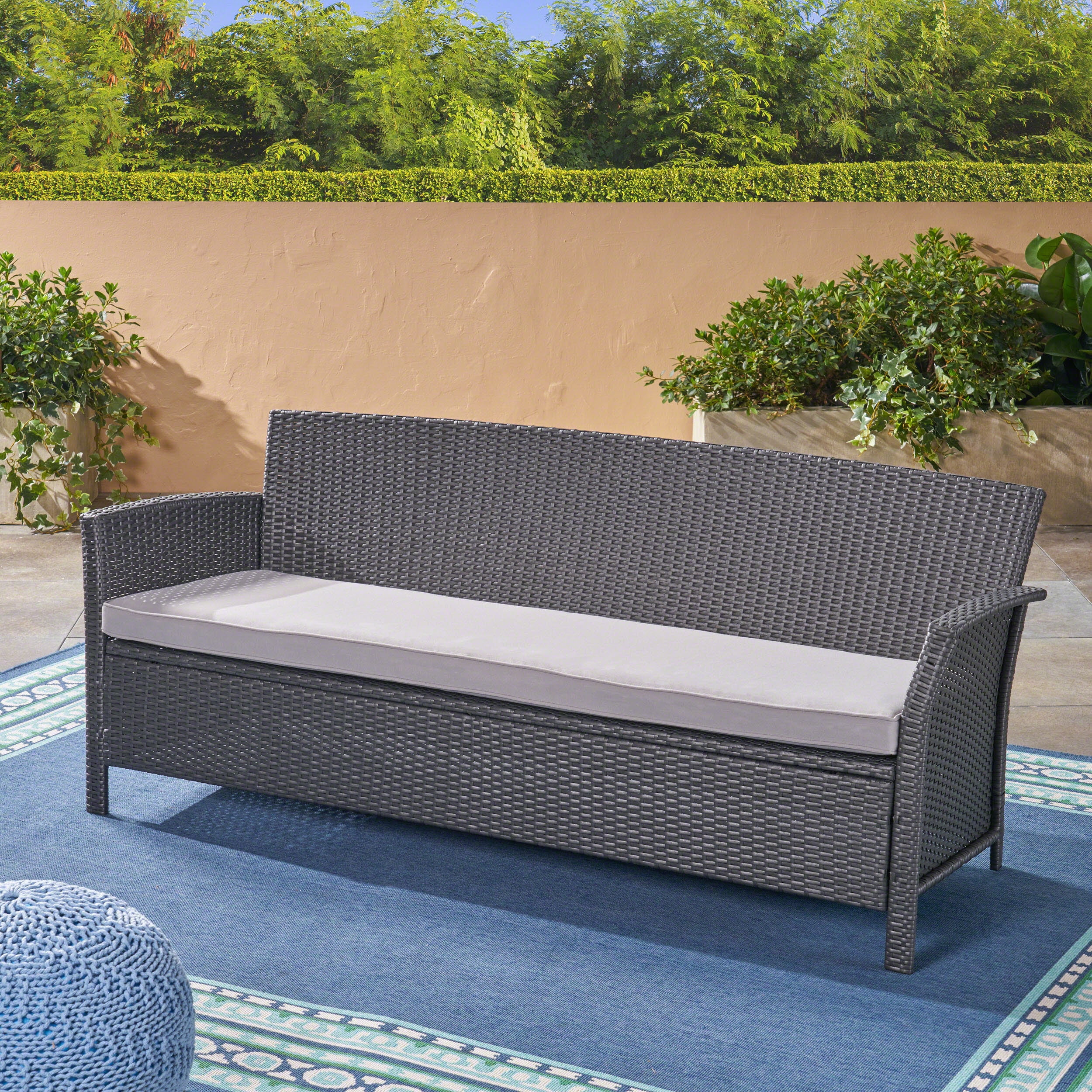 Noble House St. Lucia Wicker / Rattan & Steel Outdoor 3-Seater Sofa in Gray