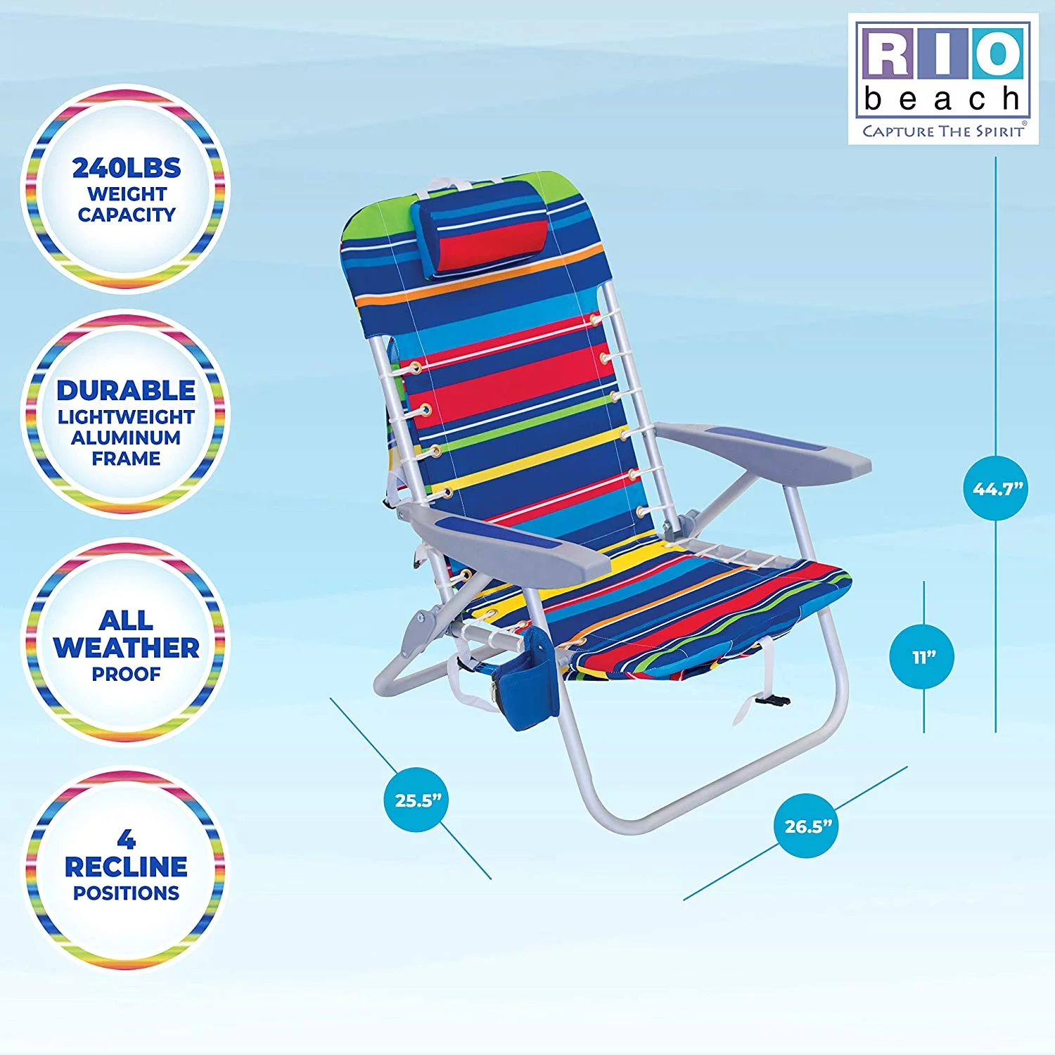 RIO beach 4-Position Backpack Lace-Up Suspension Folding Beach Chair, Bright Stripe