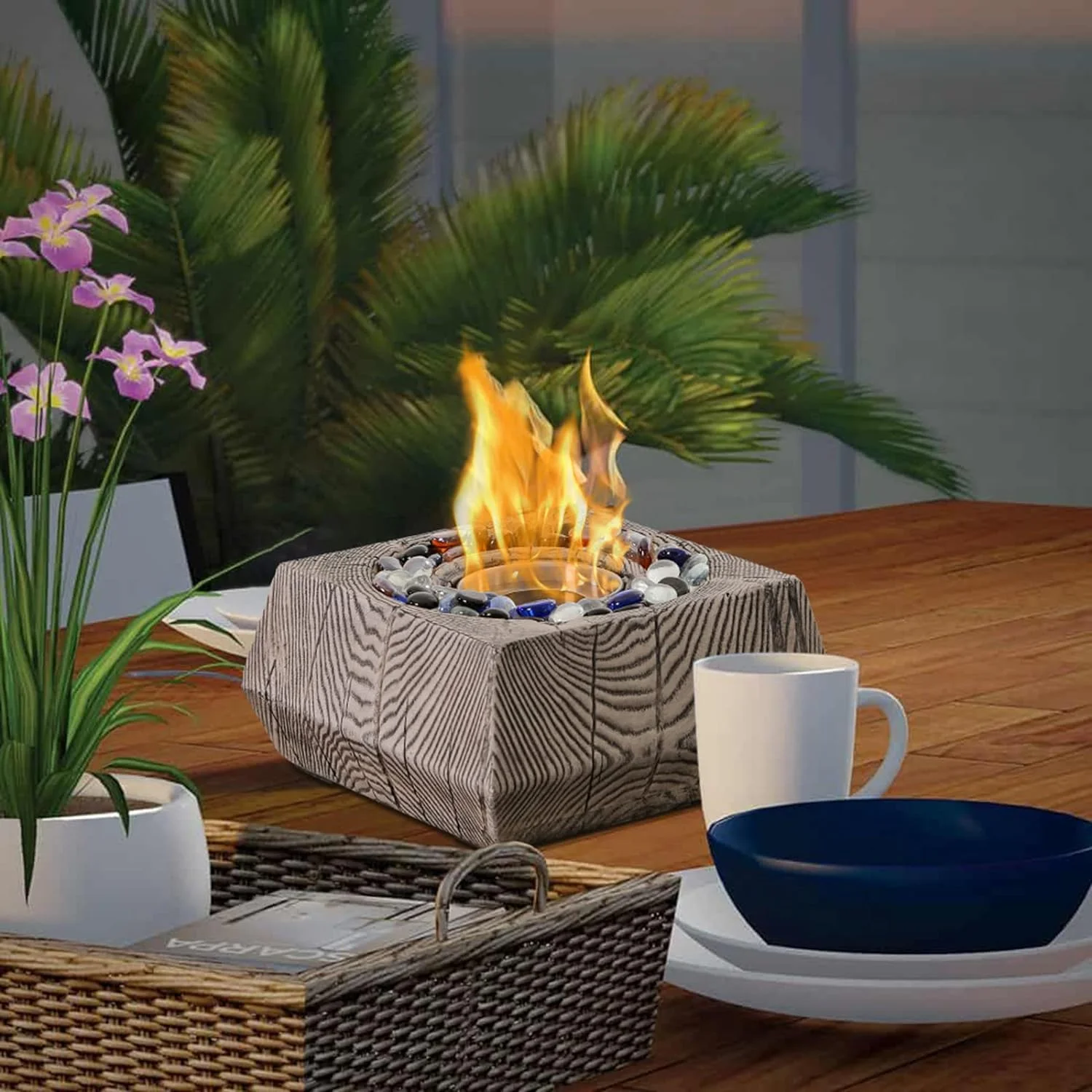 Tabletop Fire Pit Bowl Indoor Outdoor Portable Fireplace with Extinguishing Cover and Colorful Glass Beads, Dark Grey