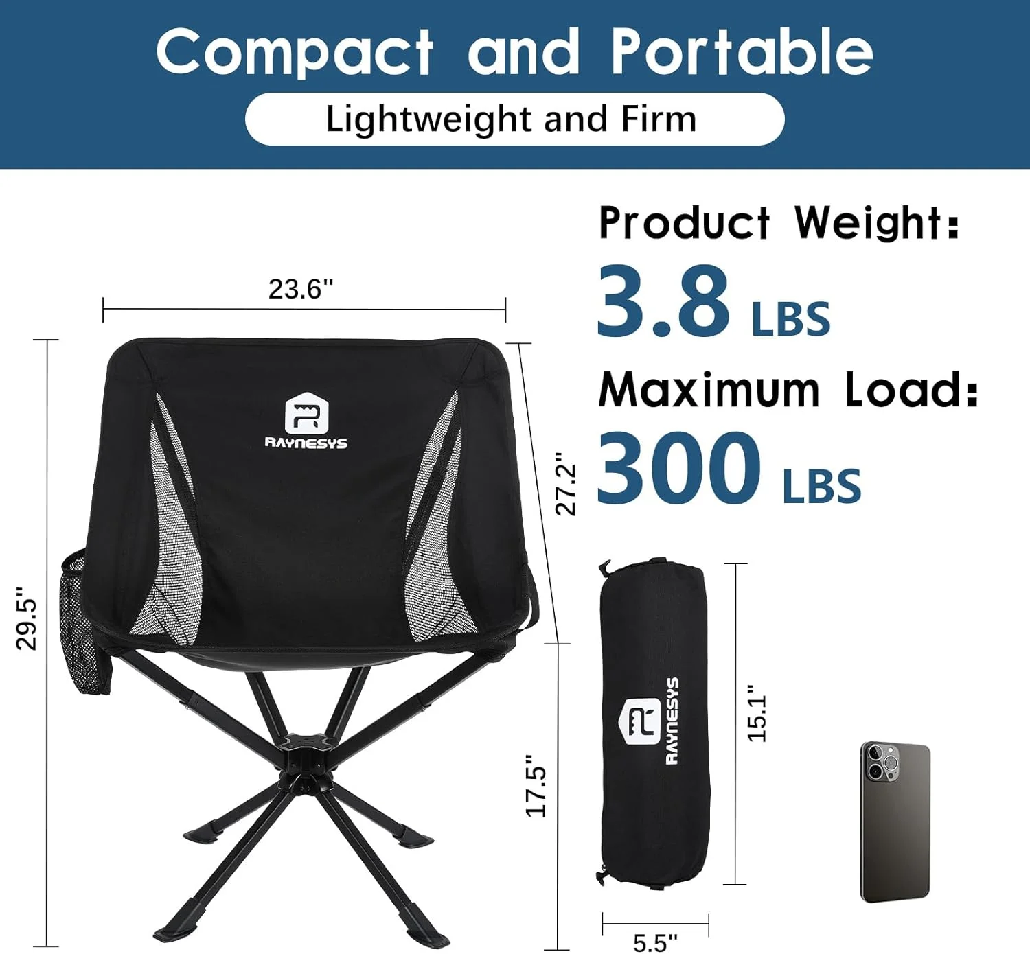 Portable Camping Chair, 360° Swivel Lawn Chair, 8 Seconds Quick Setup Folding Chair, 3.8Lb Lightweight Camping Chair for Easy Carry to Hiking, Camping, Sport, Travel, Beach, 1 Pack